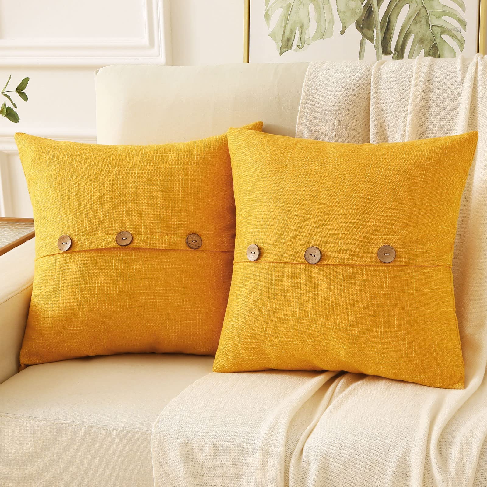 HAUSSY Yellow Linen Decorative Throw Pillow Covers 18x18 Inch Set of 2,Square Cushion Case with 3 Vintage Buttons,Modern Farmhouse Home Decor for