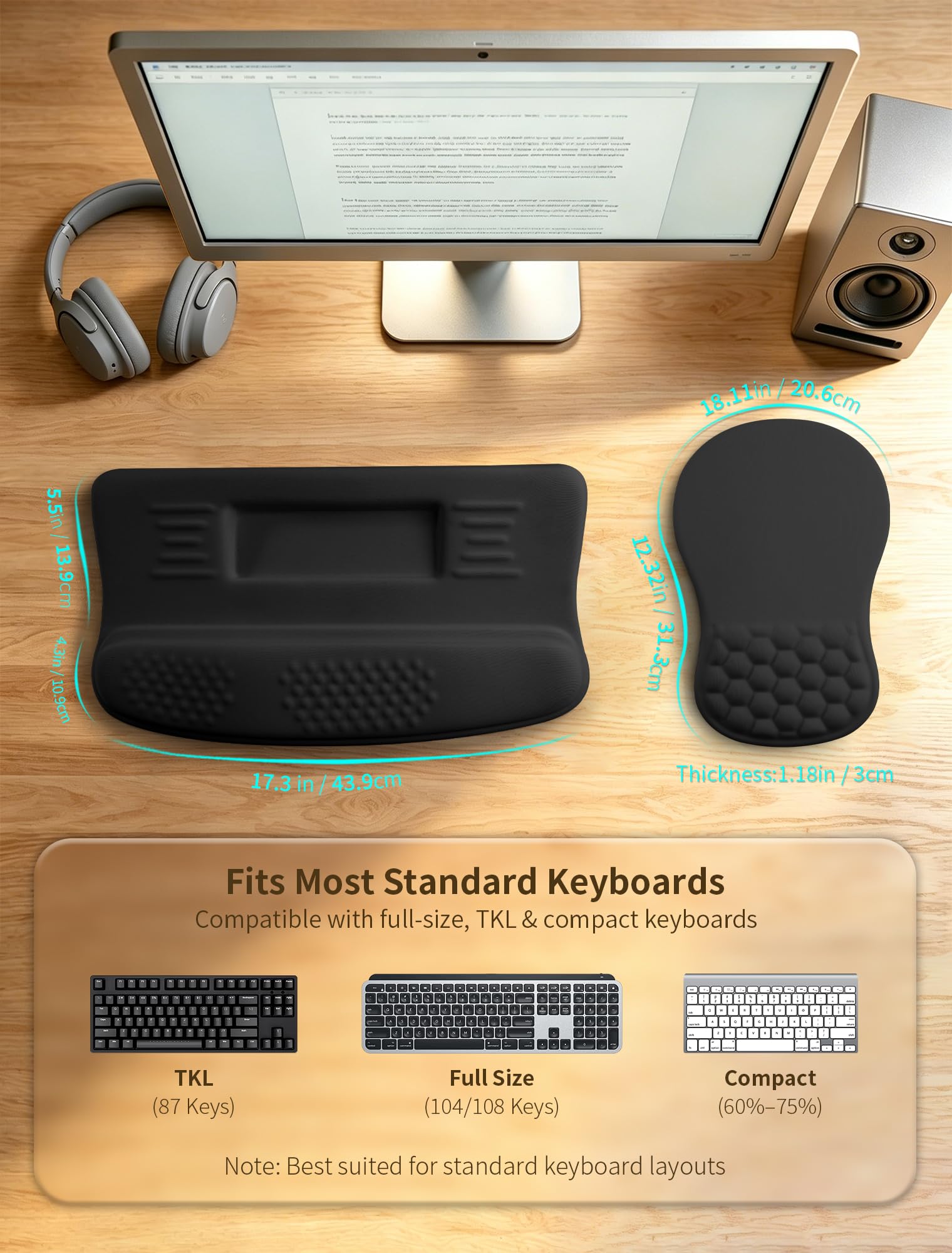Set 2 in 1, supporto ergonomico per tastiera con poggiapolsi e tappetino per mouse con supporto per il polso, in memory foam per alleviare il dolore al tunnel carpale, migliora la postura del