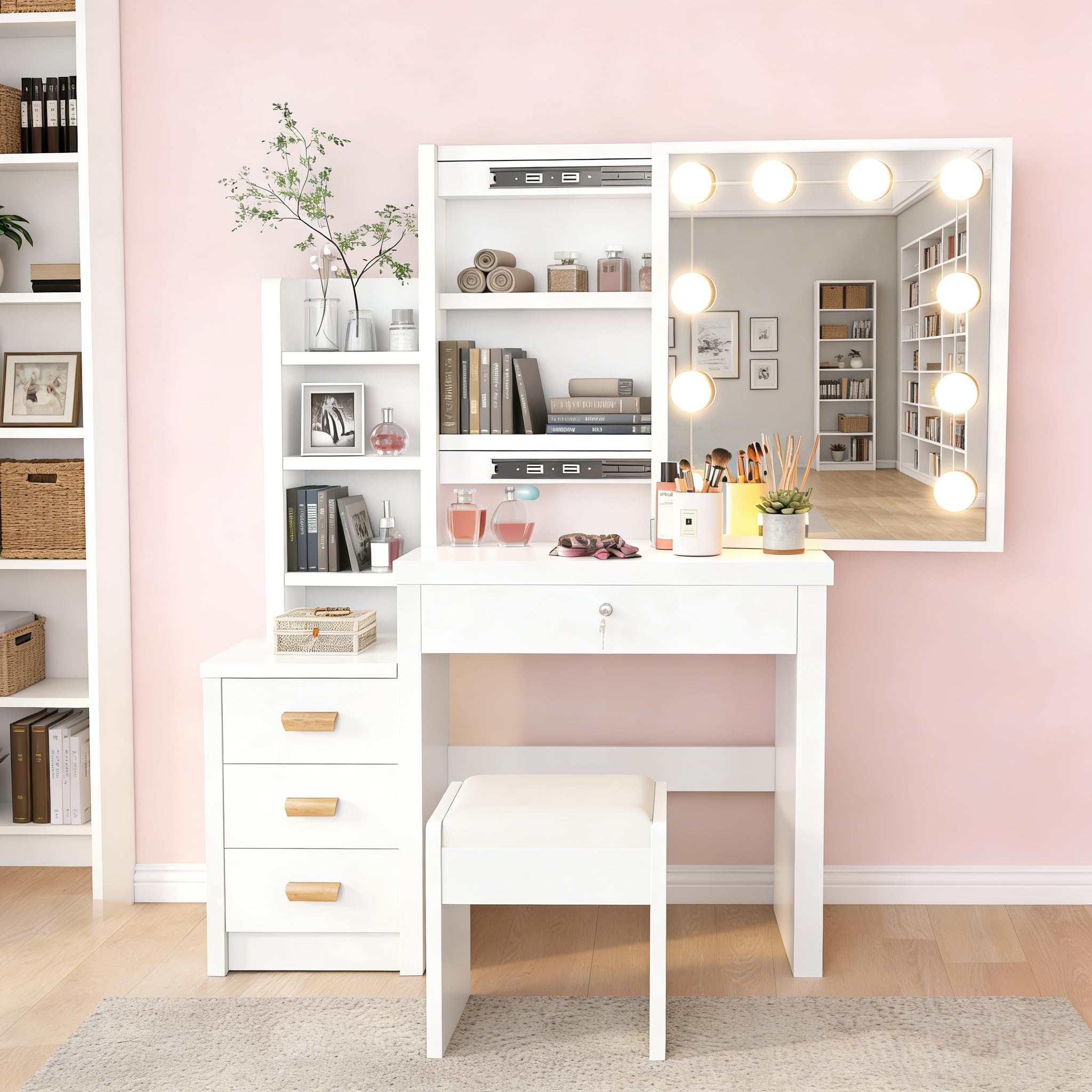 Coiffeuse Maquillage avec Miroir LED, Luminosité Réglable 3 Couleurs, Table de Maquillage avec Tabouret, 4 Tiroirs & 7 Étagères, Coiffeuse Moderne Bois Blanche pour Chambre Nouvelle Version