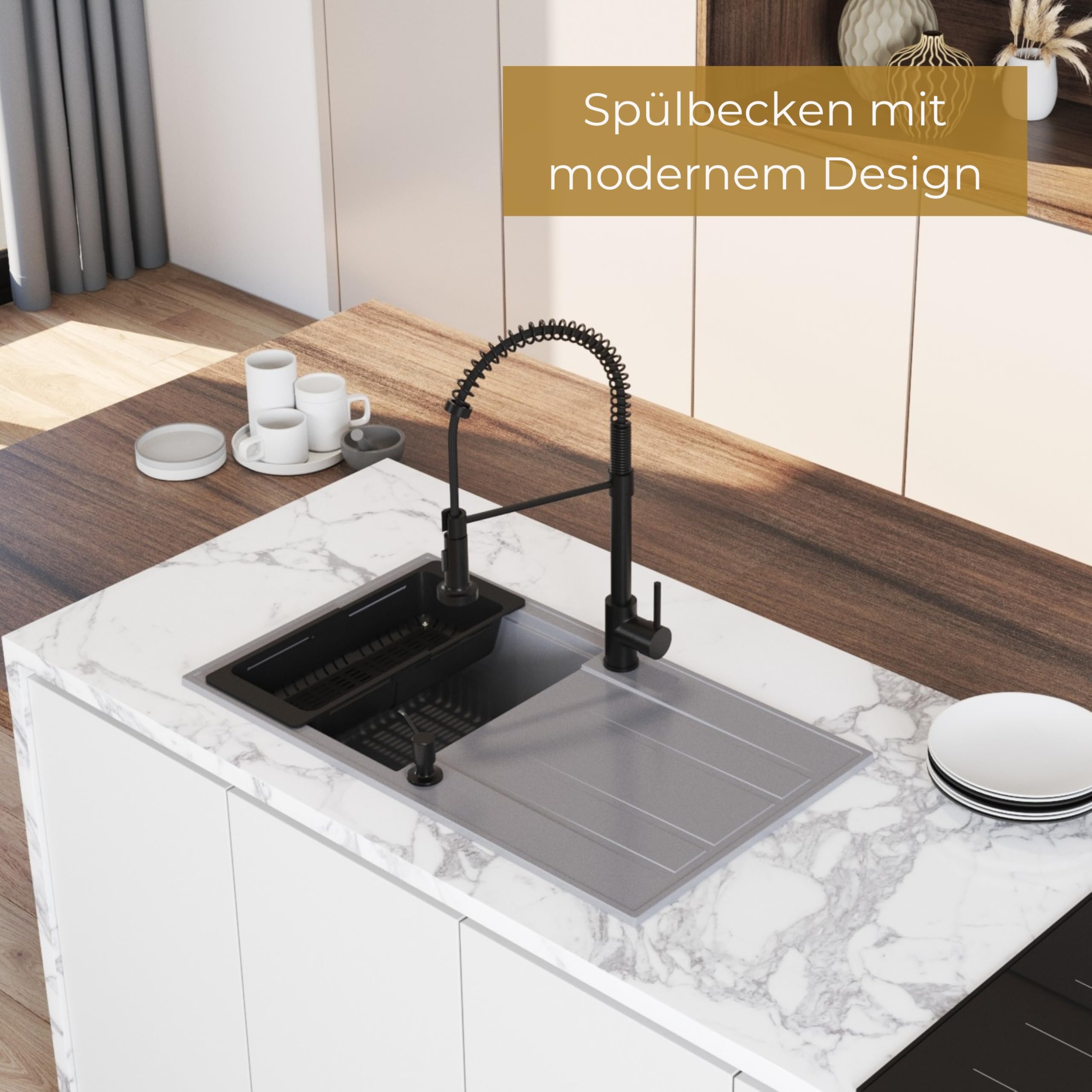 SINK Quality zlewozmywak kuchenny z ociekaczem – zlewozmywak szary 80 x 46 cm – w zestawie syfon i środki impregnujące – zlewozmywak do zabudowy do szafki pod umywalkę 55 – zlewozmywak granitowy szary