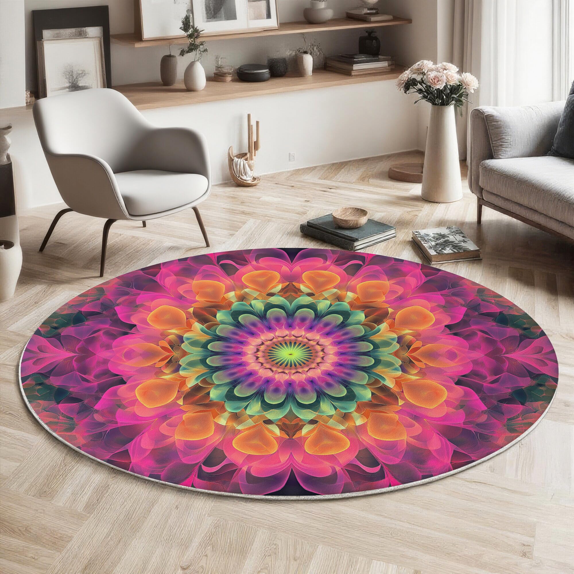 Rond Tapis Salon Rose Moquette 3D Mandala Tourbillonnant Chambre De Décoration Poil Ras Lavable en Machine Paillasson Art Psychédélique Antidérapant Salle A Manger Chambre Adulte,120Cm