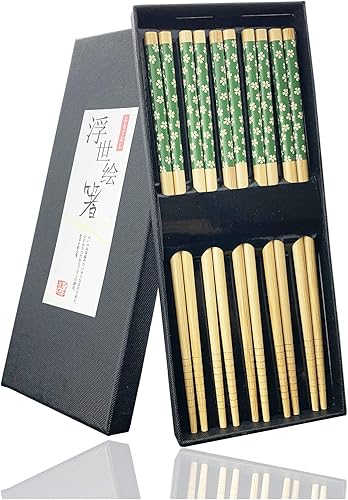 JASHII 5 pares de palillos de bambú natural, reutilizables, estilo clásico japonés, palillos de madera, juego de regalo, aptos para lavavajillas,
