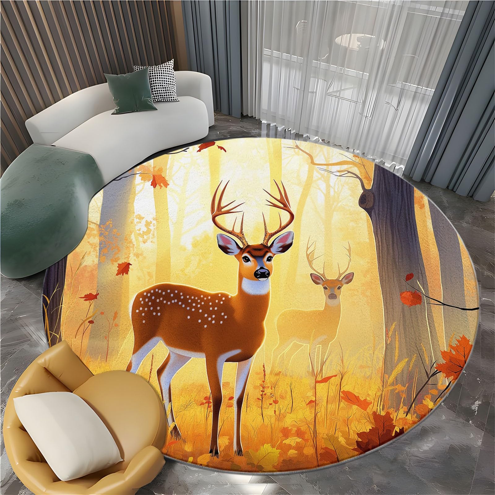 Alfombra redonda de 120 cm para sala de estar, paisaje natural, bosque, ciervos, alfombra suave y esponjosa para dormitorio, alfombra circular amarilla, alfombra antideslizante lavable para el suelo