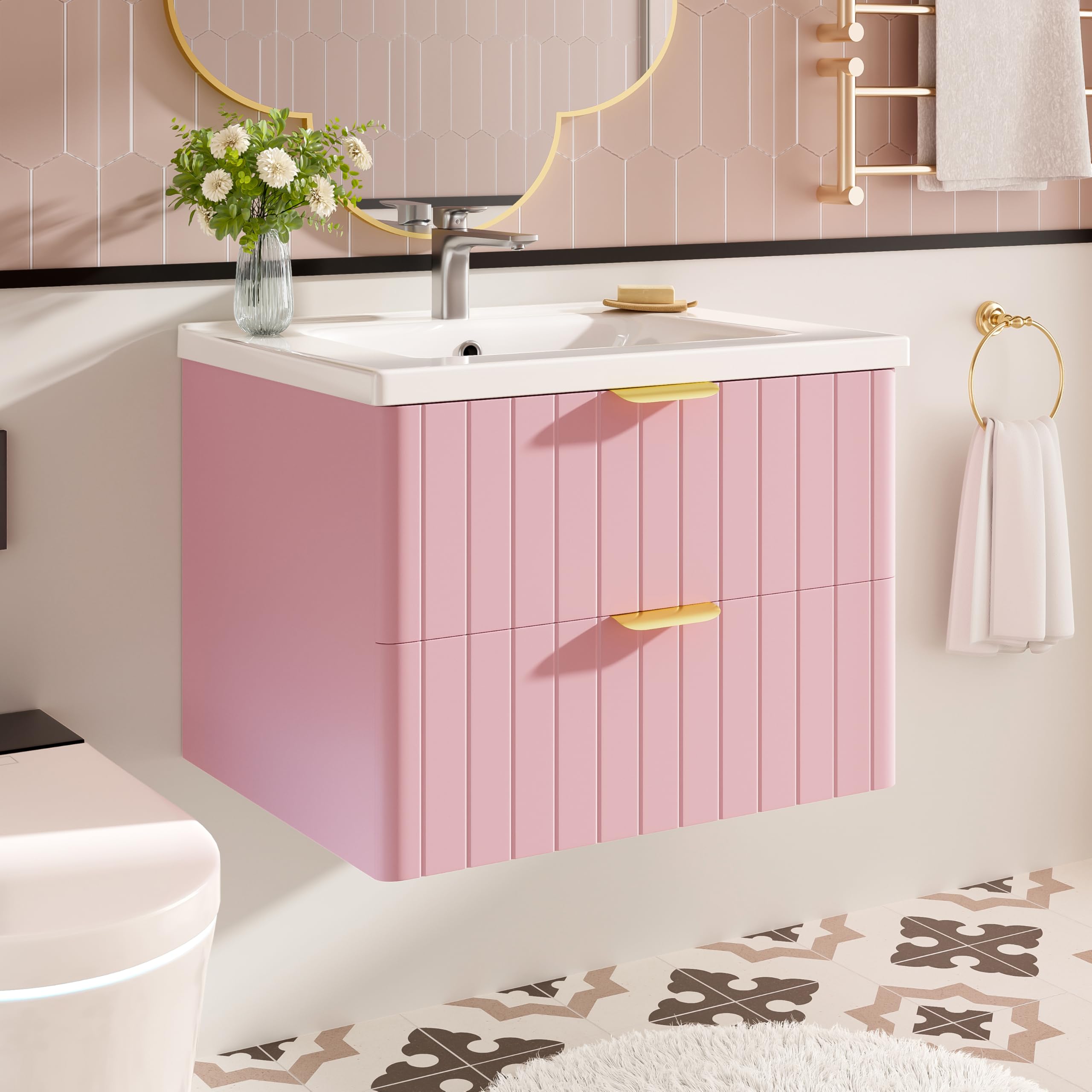 Armario colgante para lavabo individual, color rosa, 50 x 60 cm, con lavabo, doble almacenamiento, MDF resistente a la humedad, ahorra espacio