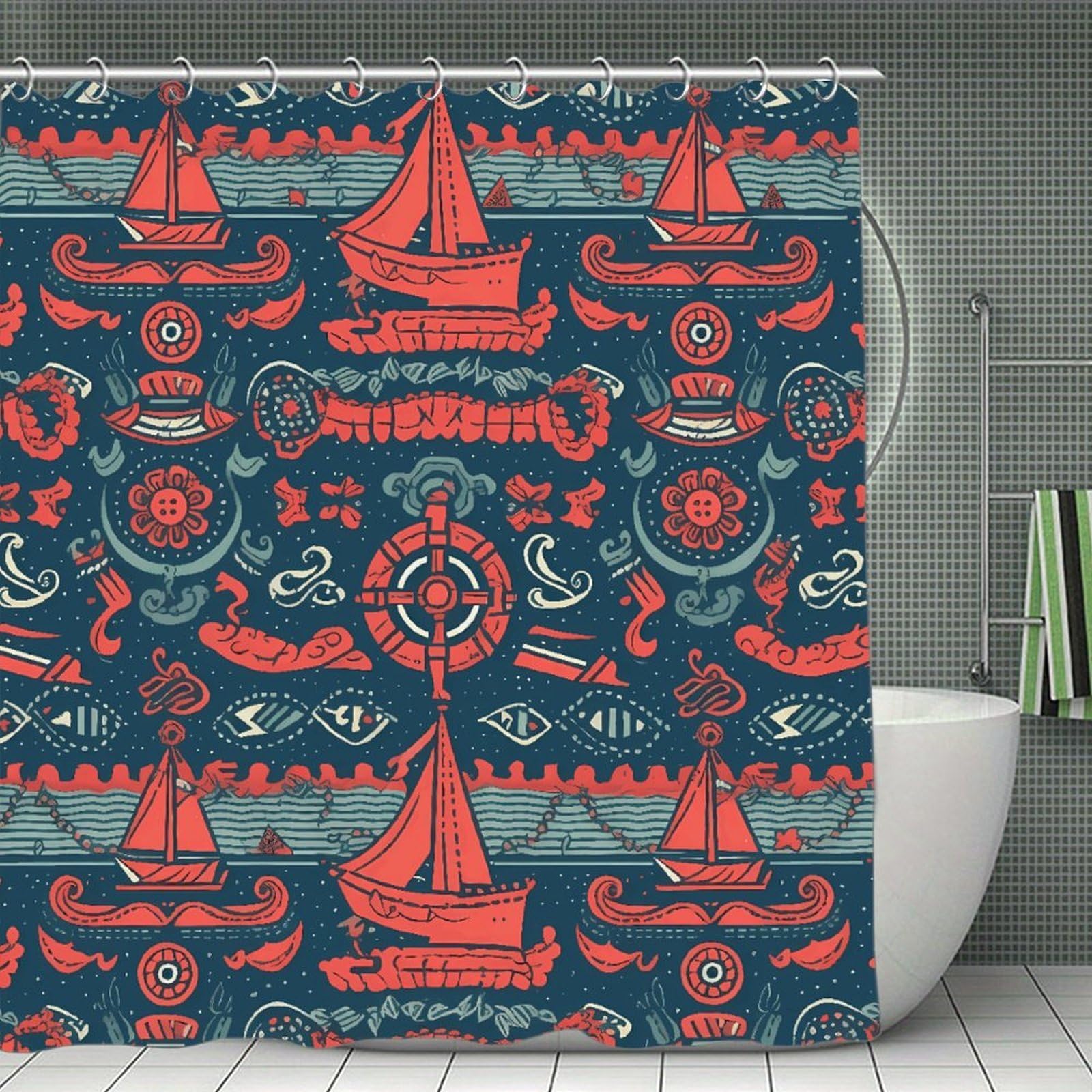 QMNLKH Sailboat Pattern Shower Curtain with Hooks, Waterproof Bath Curtains for Bathroom, Lightweight Bath Curtains Liner for Hotel, Personalized Bath Curtain for Spa, 70.8 Inch