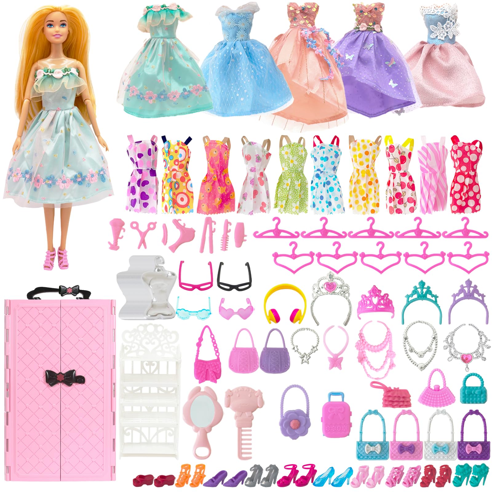 122 Pezzi Armadio Bambole Playset con Bambole 11,5 Pollici, Vestiti e Accessori, Include Abiti Principessa Scarpe Borse, Giocattoli Travestimento Adatti a Bambine, Bambini e Bambini (Rosa)