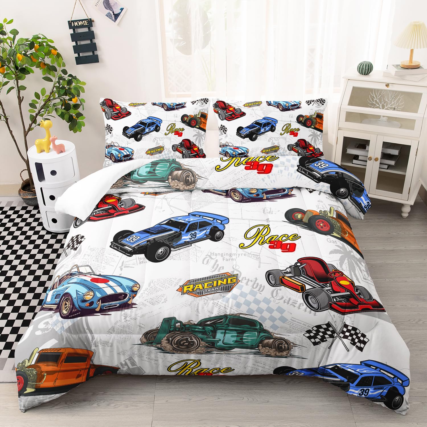 AILONEN Colorful Racing Car Comforter Set Twin Size, Cool Sports Bedding for Kids Boys, Competition Bed in a Bag, Extreme Sports Duvet Set, 1 Quilt 2 Pillowcases, 3 Pcs