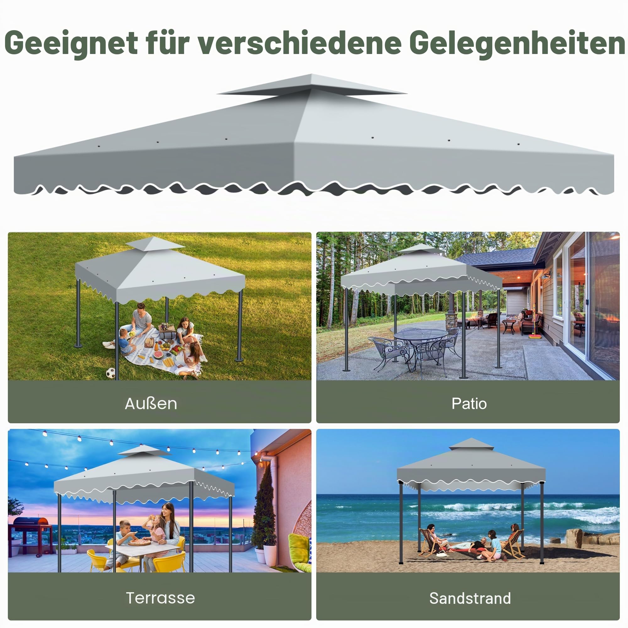 Ersatzdach Pavillon 3x3, Faltpavillon 3x3 Wasserdicht UV-Schutz Doppeldach mit Air Vent und 12 Wasserabflusslöcher,Winterfest Stabil Pavillondach Ersatzzeltdach für Garten Terrasse Camping (Grau)