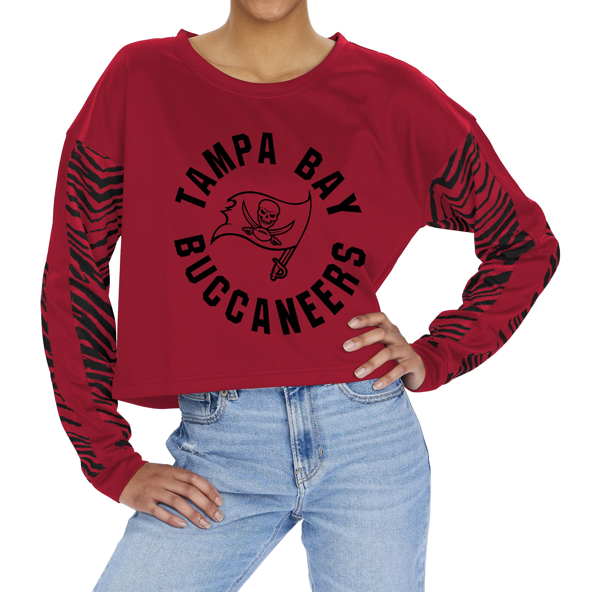 Zubaz Women's Scarlet Crew Crop Top Zebra Sleeves