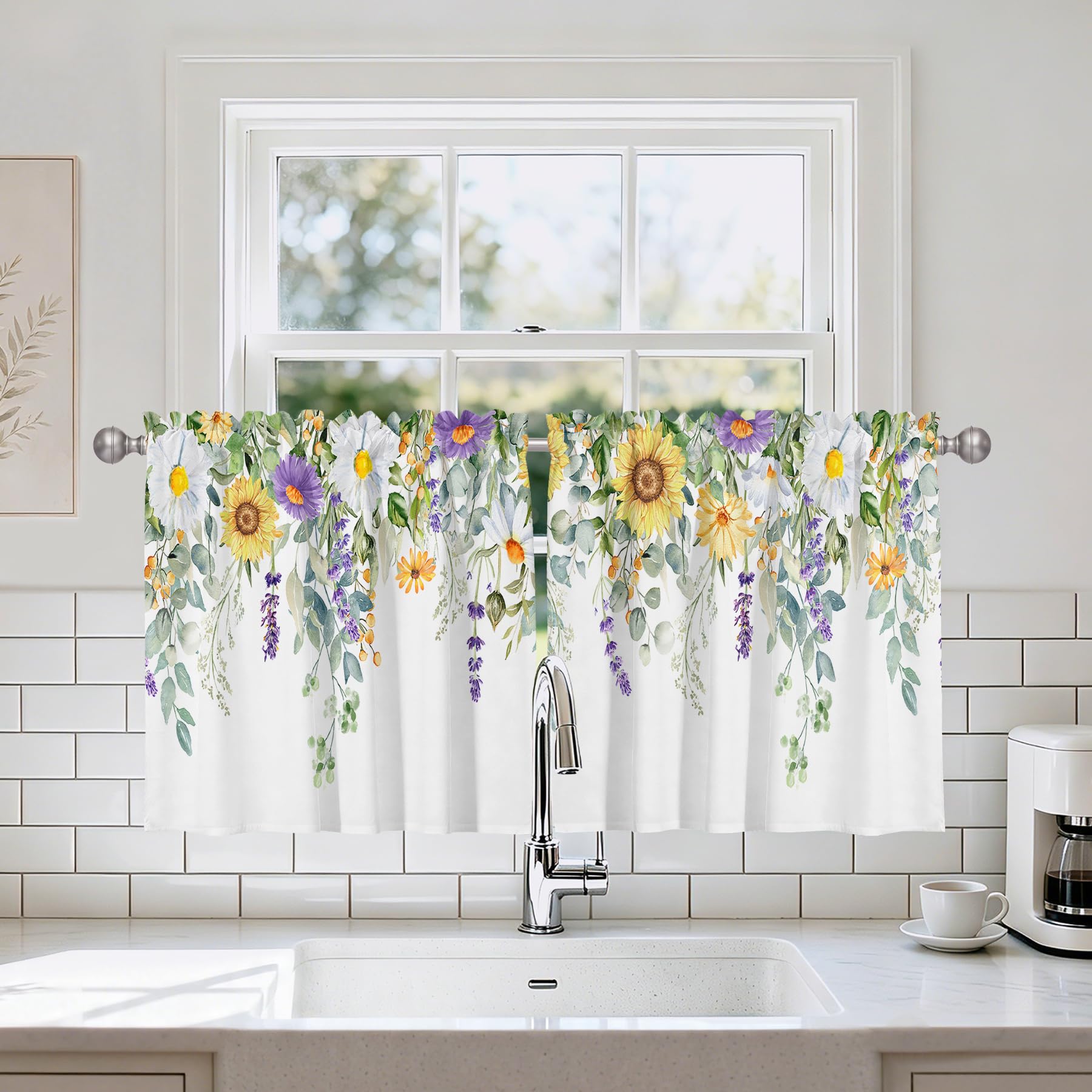 Green Eucalyptus Leaves Valance Curtains, Rod Pocket Sheer 26x36 in