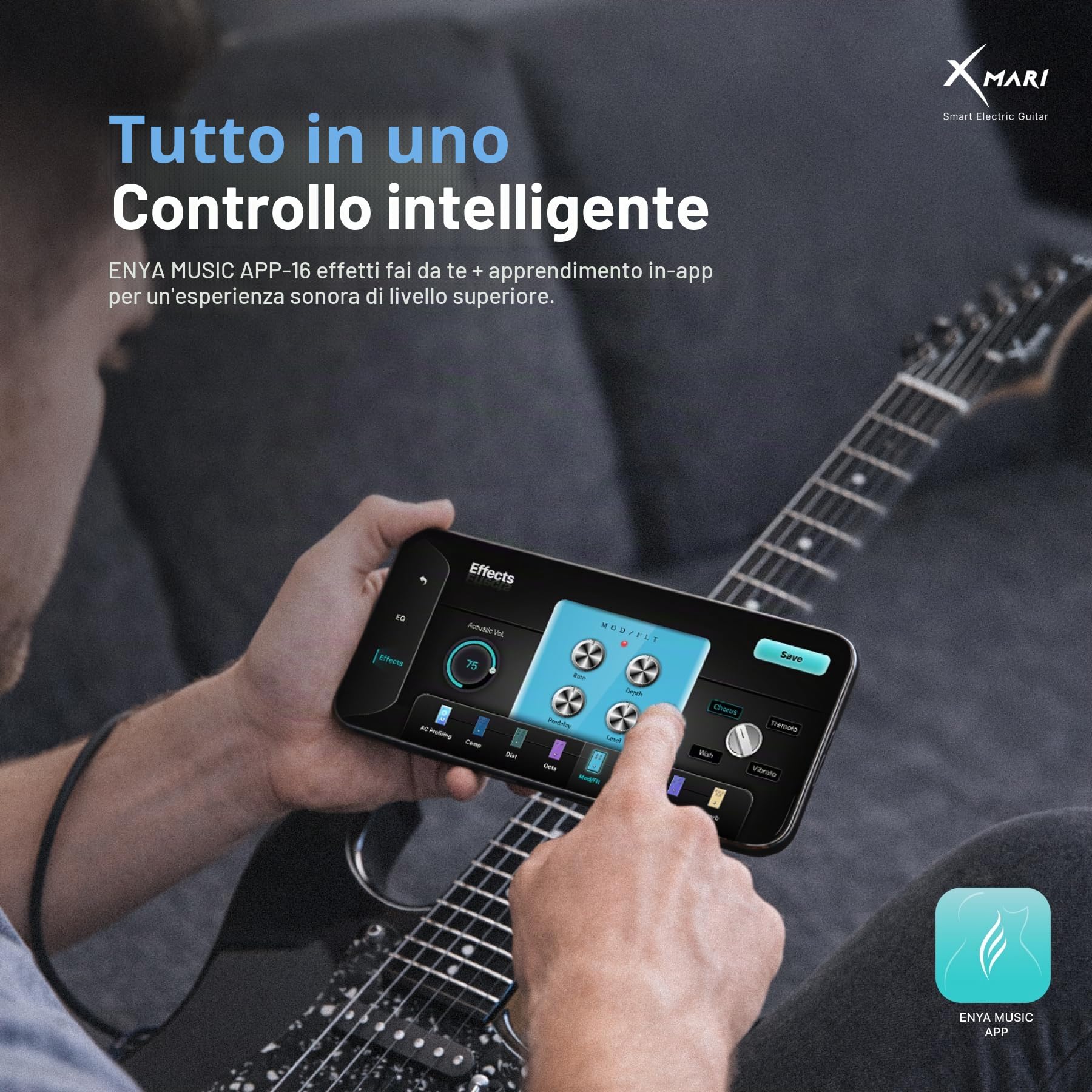 Enya XMARI - Chitarra elettrica intelligente con effetti DSP integrati, 4 preset, registrazione USB-C OTG, uscita cuffie, pickup in ceramica personalizzati, corpo in fibra di carbonio, con custodia
