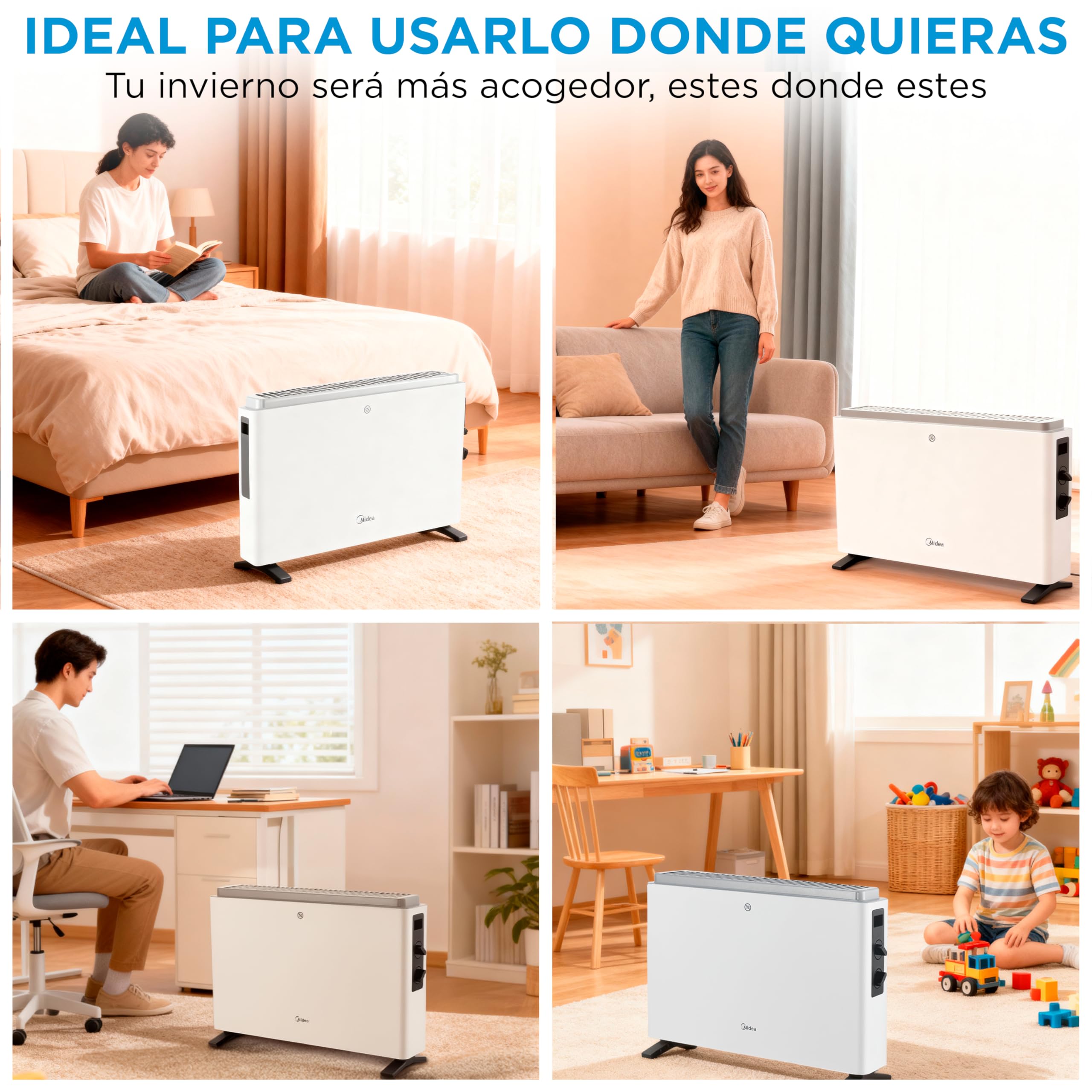 MIDEA Convector Radiador Electrico Bajo Consumo | 2000W | Calefactor Electrico con Termostato Regulable, Estufa eléctrica con 3 Niveles de Potencia, Emisor Térmico con Protección de Sobrecalentamiento