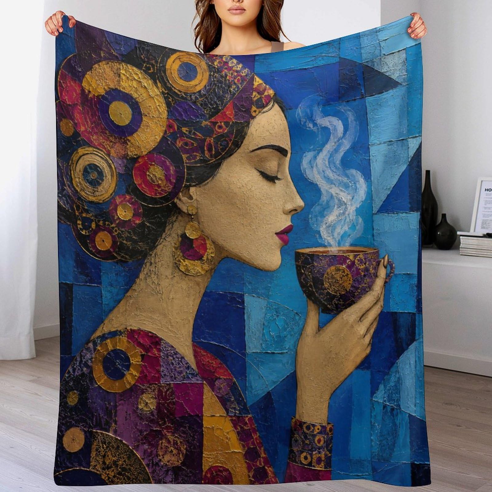 Donna con il velo viola Coperta Mosaico cubista Coperta TV Calda | coperta divano morbida con Arte del mosaico e Tazza da tè blu, per divano, letto, 175x200cm(70x80in)
