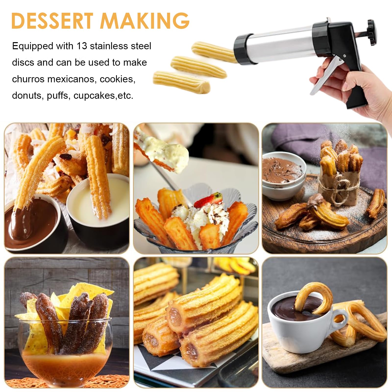 Machine a Churros, Appareil a Churros en Acier Inoxydable, Presse Biscuit avec 13 Pochoirs, 8 Douilles, Outil Multifonction pour Pâtisserie Maison, pour Biscuits, Décoration de Gâteaux