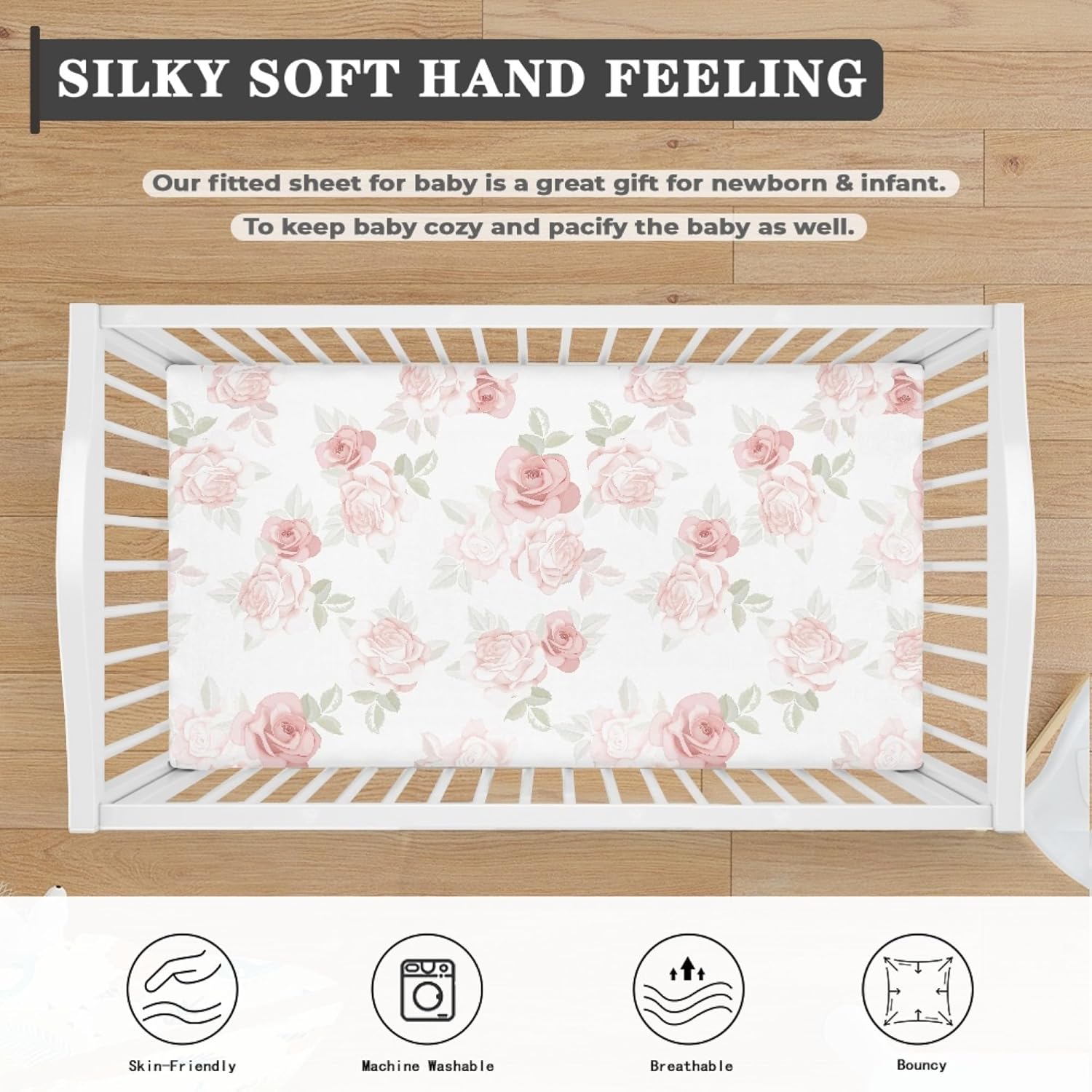 Pink Roses Fitted Crib Sheet for Boys Girls Beautiful Flower Leaves Baby Sheet for Standard Crib and Toddler Beauty Floral Nursery Bed Mattress Sheets 28"x52" - Image 5