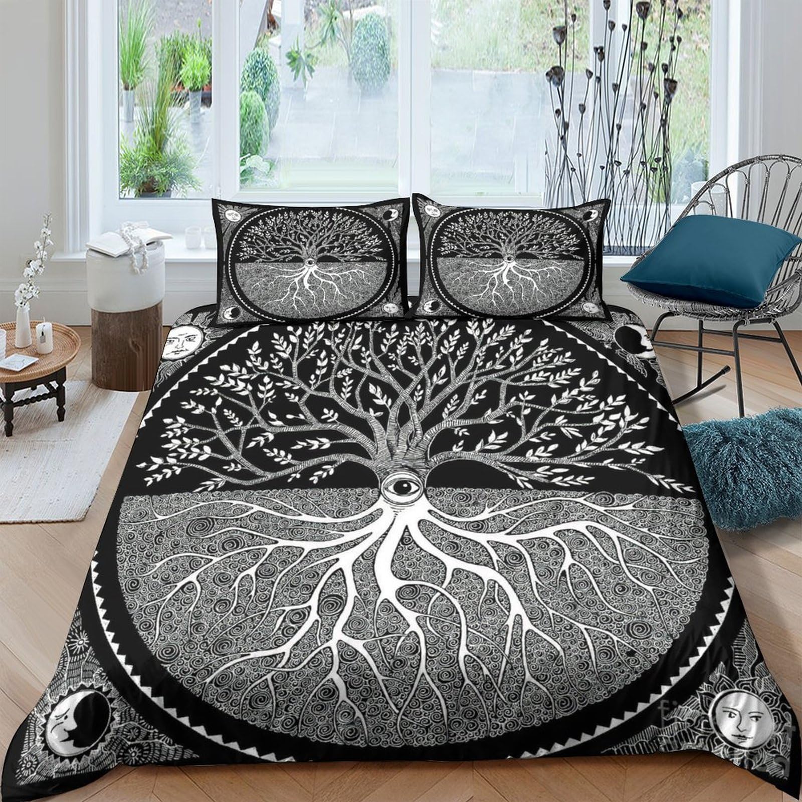 Ctjqhvkz Style-9 3D Printed Tree Of Life Fitted Sheet Microfiber Soft Black White Roots Bed Cover For Bedroom Dorm Mattress Decor Single（135X200cm）