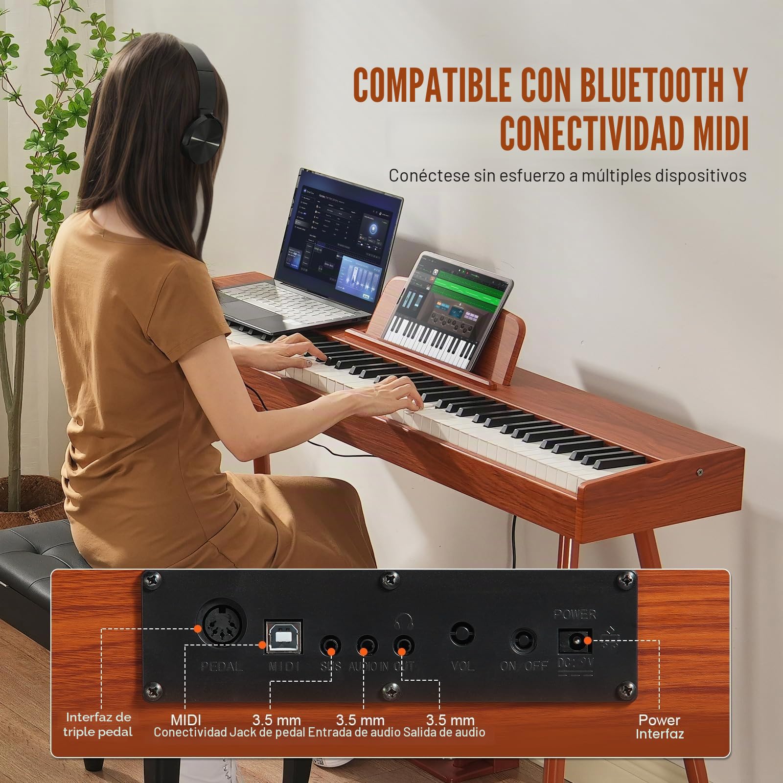 VEVOR Piano Digital Ponderado 88 Teclas Totalmente Ponderadas, Piano Eléctrico con Teclado Doble, Altavoces, Soporte de 4 Patas, Auriculares, 200 Tonos y Ritmos, Compatible con Bluetooth/USB/MIDI