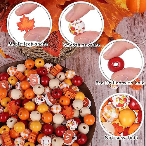Miniatura 3 de Whaline 200 cuentas de madera de otoño, cuentas de madera rústicas de Acción de Gracias, hojas de arce de otoño, calabaza, cuentas redondas
