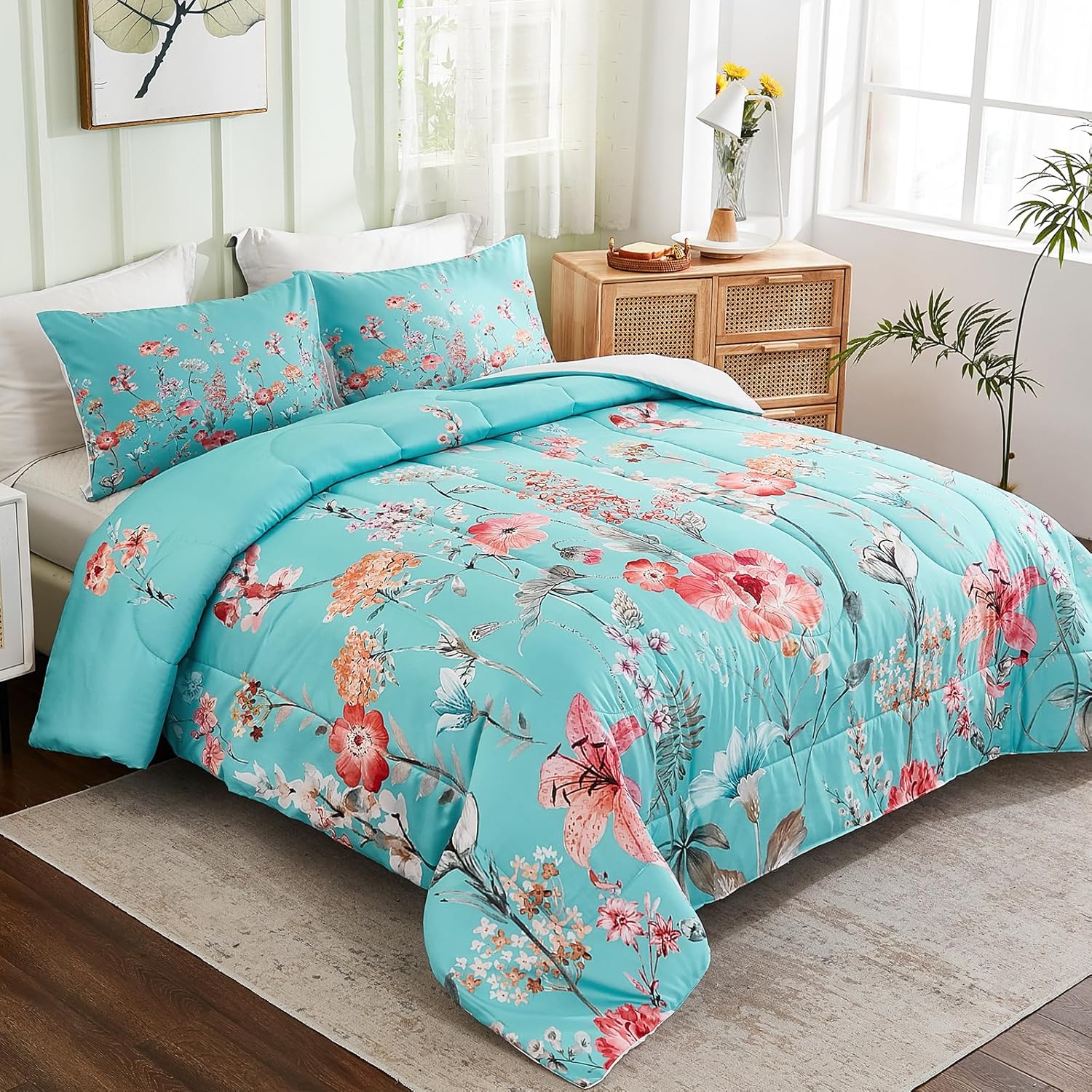 Queen Size Floral Bedding Comforter Teal Blue Comforter Set