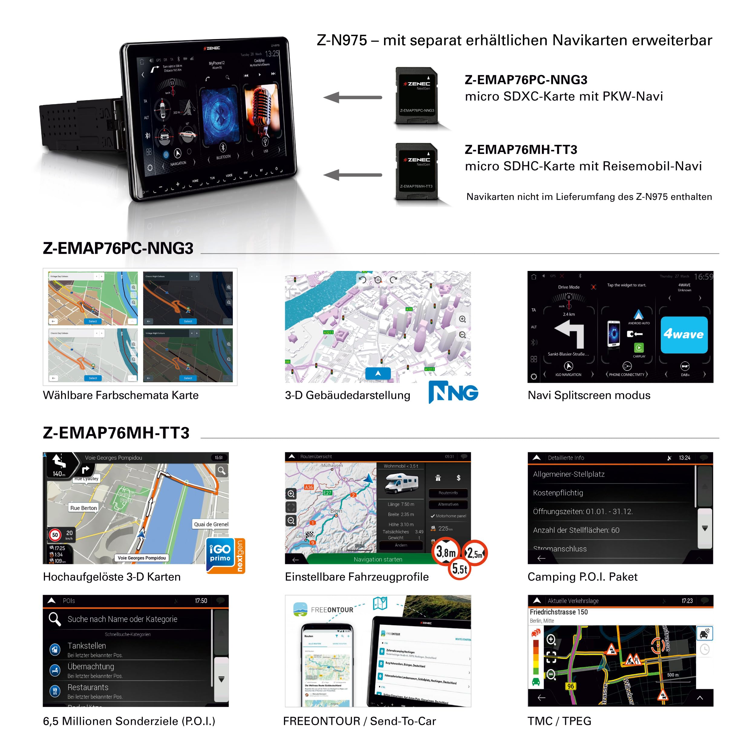 ZENEC Z-N975 – radio samochodowe 1-DIN, system multimedialny z ekranem dotykowym 9"/22,9 cm, centrum multimedialne z DAB+, bezprzewodowym systemem Android Auto/Apple CarPlay, DAB+, USB, możliwość