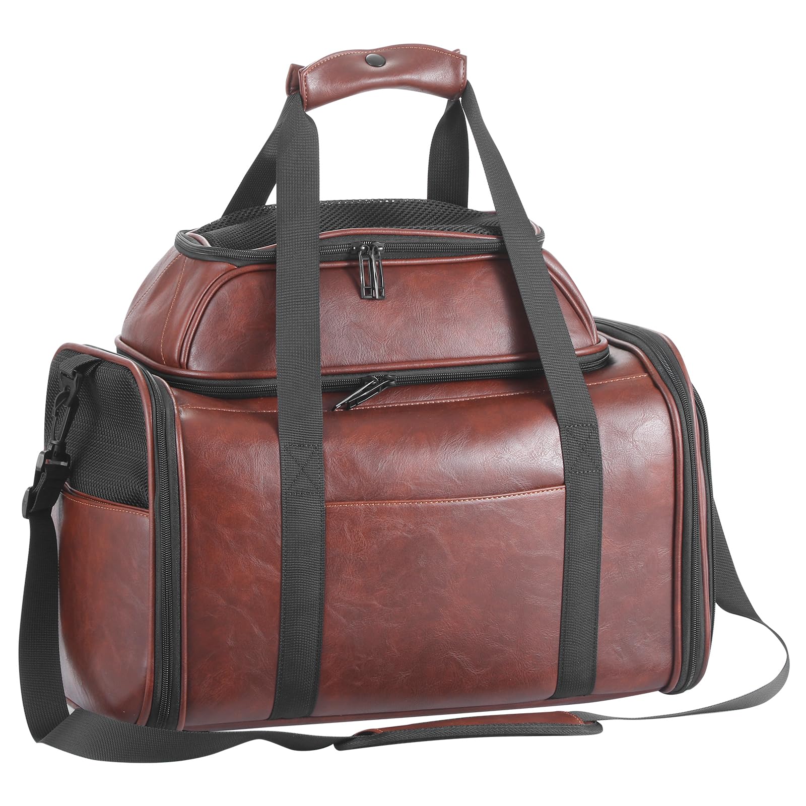 Premium Leather Top Expandable Pet Carrier for Small Dogs & Cats Under 15 lbs, Airline Approved Collapsible Soft-Sided Luxury Travel Bag Coffee