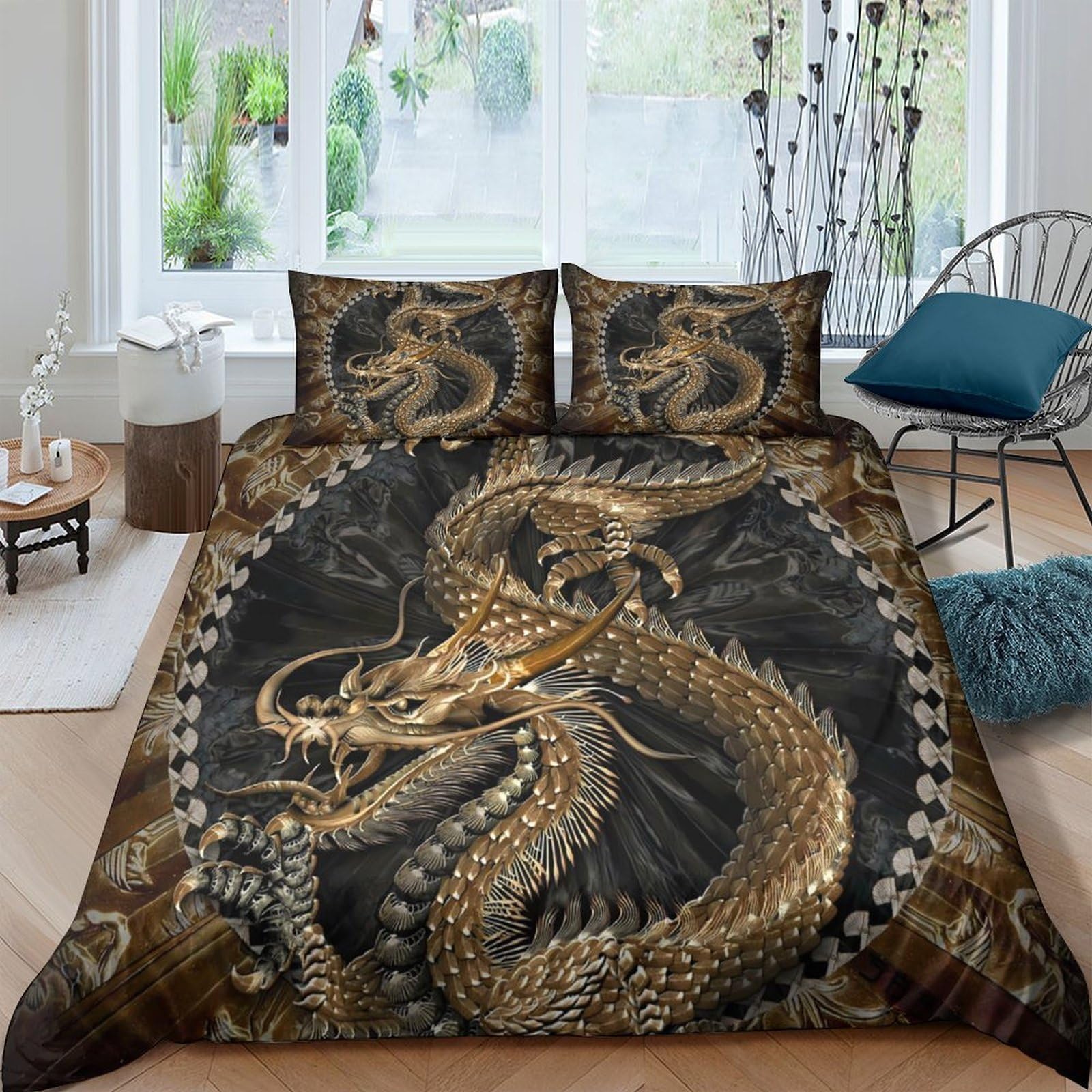 Ctjqhvkz Style-5 3D Printed Golden Dragon Fitted Sheet Microfiber Black Chinese Style Bed Sheet Anti-Slip Mattress Cover Bedroom Decor Single（135X200cm）