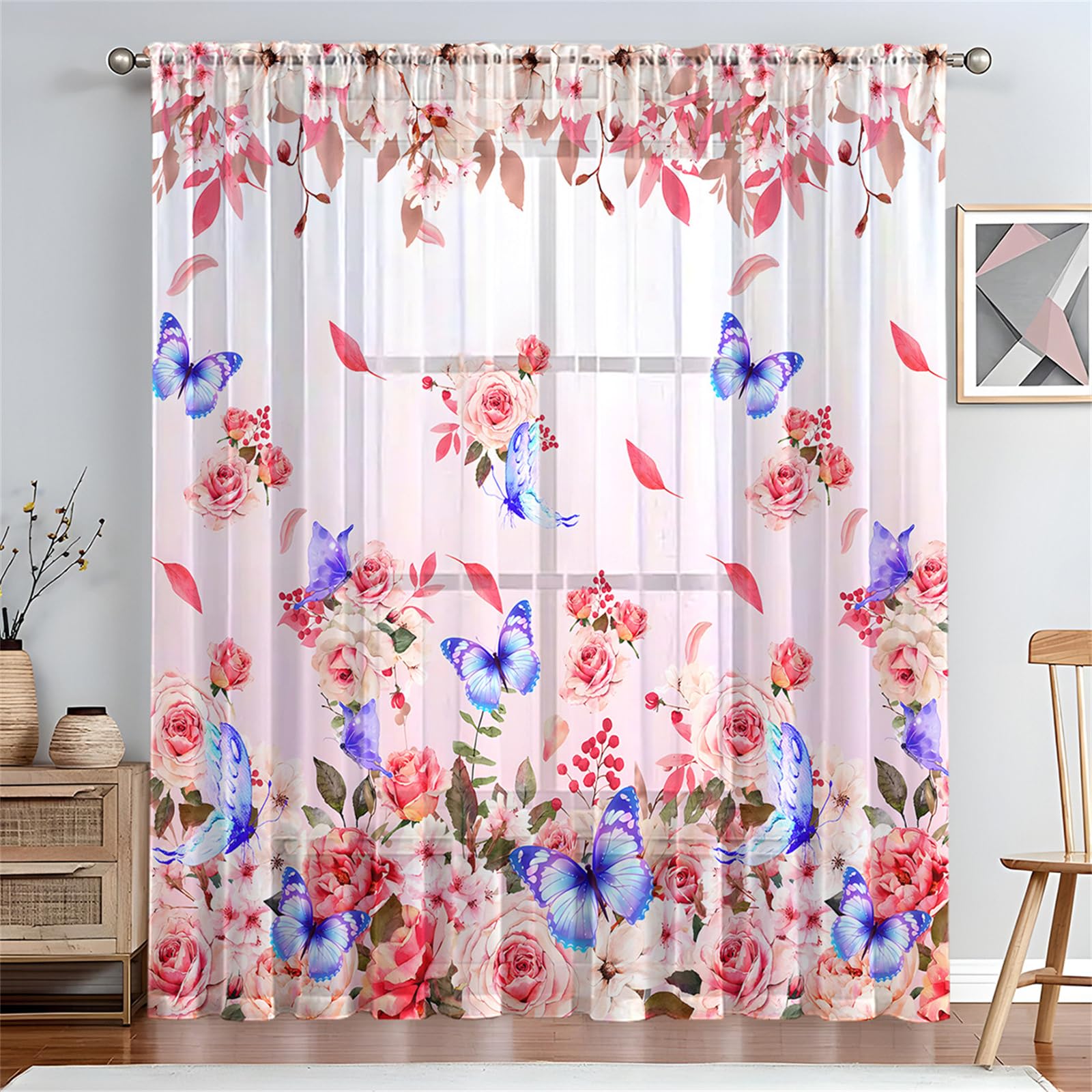 Surwin Net Curtains for Windows, Voile Curtain, 1 Panels Romantic Butterfly Print with Eyelets, Semi Transparent Lightweight Voile Panel for Living Room Bedroom Balcony (Pink,W132xH241cm)