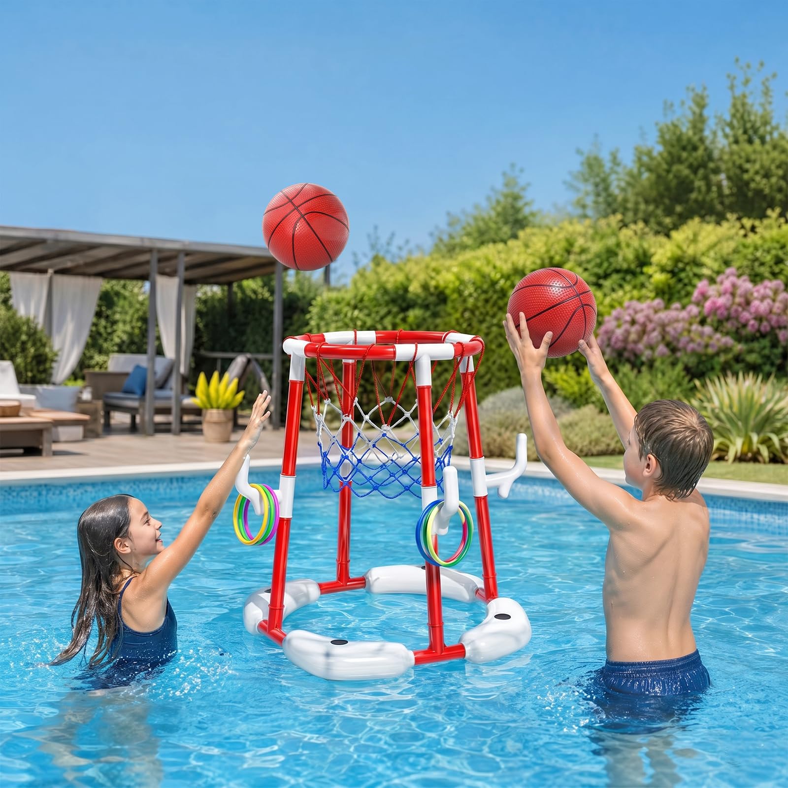 Aufblasbarer Basketballkorb für den Pool mit 4 Bällen, Pumpe und Aufklebern