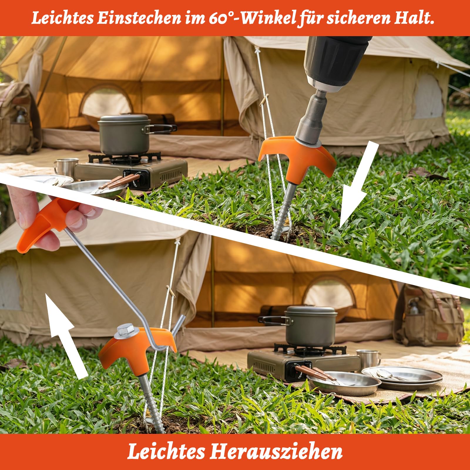 24 Stück Zeltheringe Set, Heringe Erdnägel Stabil Drehbare Zeltheringe mit Gewinde Schraubheringe für Camping Zelte
