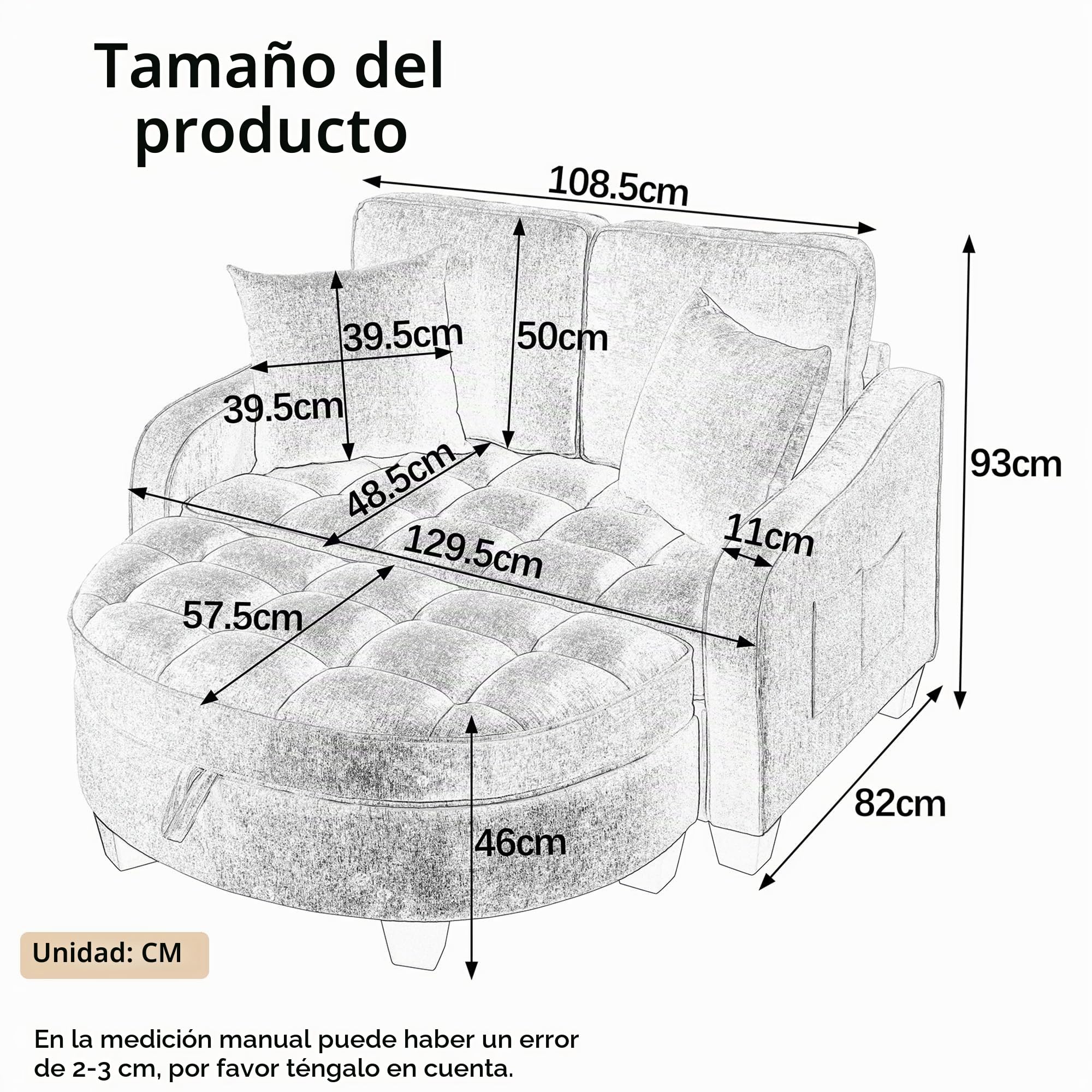 Sofá con función de dormir, sofá pequeño, chaise longue, sofá cama 2 en 1, taburete de almacenamiento y 4 cojines, para sala de estar, estudio, dormitorio, 132 × 129 × 93 cm (gris oscuro)