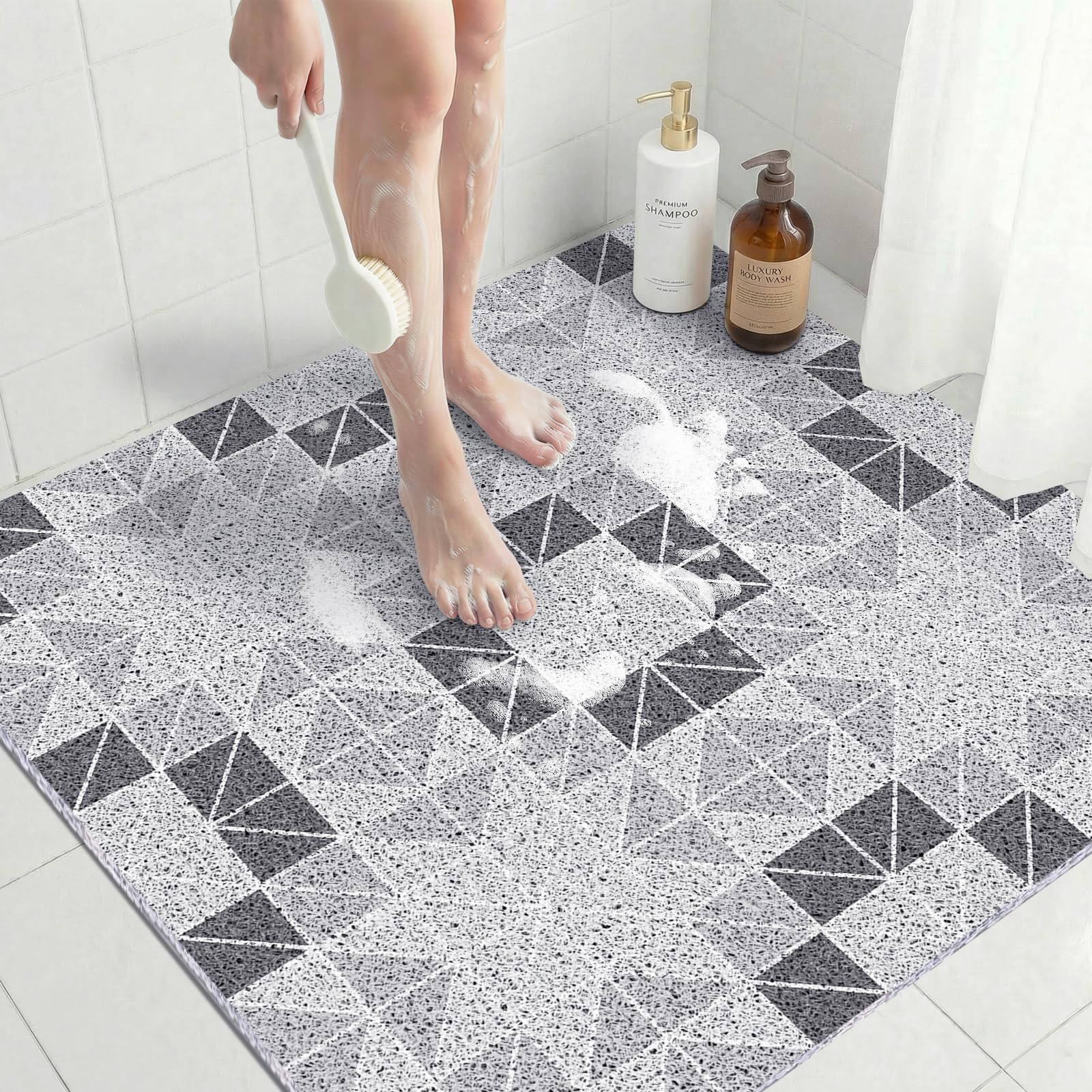 Quick Dry Large Square Shower Mat Non Slip 80x80 CM, Anti Mould PVC Loofah Bath Mat for Bathroom Floor & Wet Room, Soft Textured Mats for Elderly Safety, Quick Dry Bath Mat, Gray Geometry