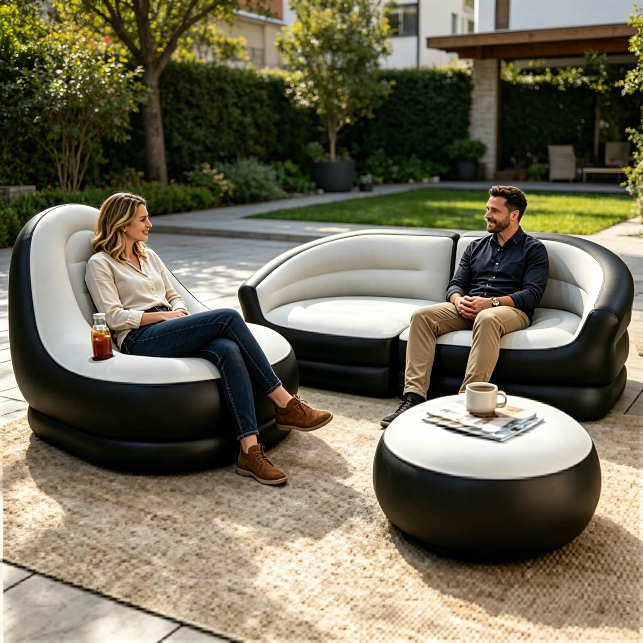 COSTWAY Conjunto Sofás Hinchables, 1 Sofá de 2 Plazas + 1 Sofá con Otomana, Sofás Portátiles para Adultos con Superficie Flocada, Sillones Inflables para Exterior Interior Camping Viajes,Sin Bomba