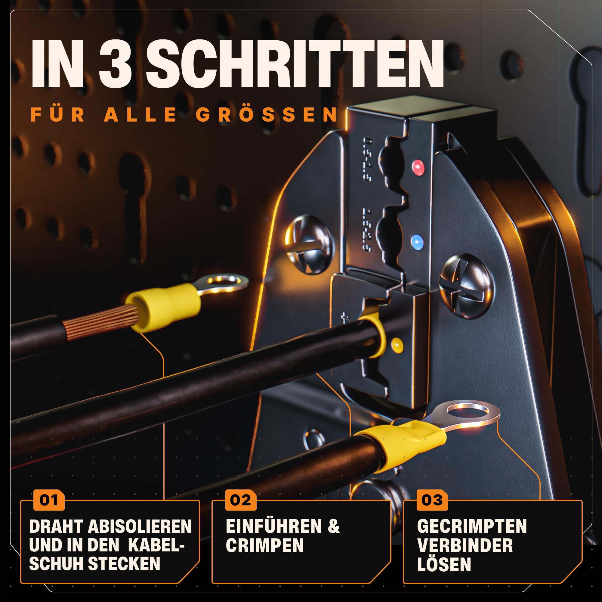 BAURIX® Crimpzangen Set – PERSEUS Aderendhülsenzange 0,25–10 mm², HEKTOR Kabelschuhzange 0,5–6 mm², KAIRON Flachsteckhülsenzange 0,5–2,5 mm² & MAGEC MC4 Solar Crimpzange