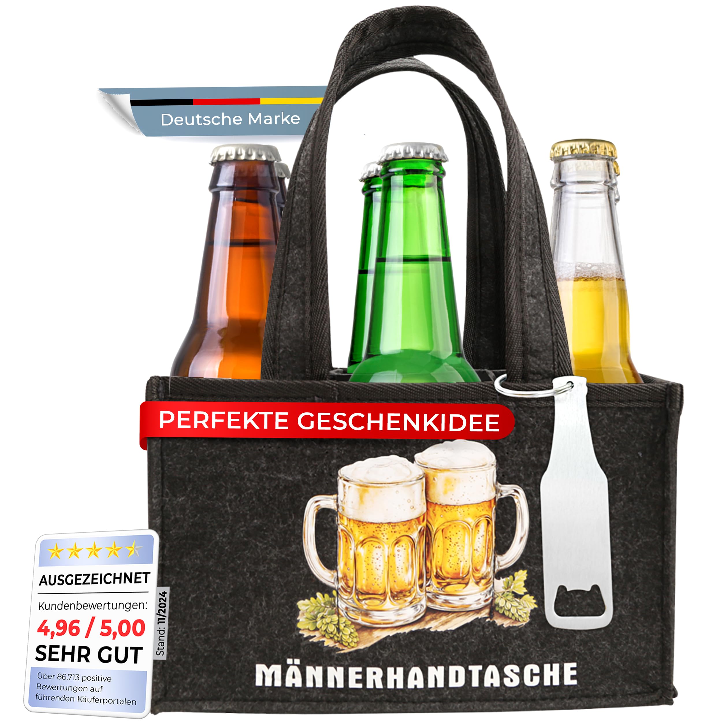 Sac à Bière En Feutre Pour Homme - Porte 6 Bouteilles/Canettes - Séparateurs, Pliable - 20x13x15 Cm - Cadeau Fête Des Pères