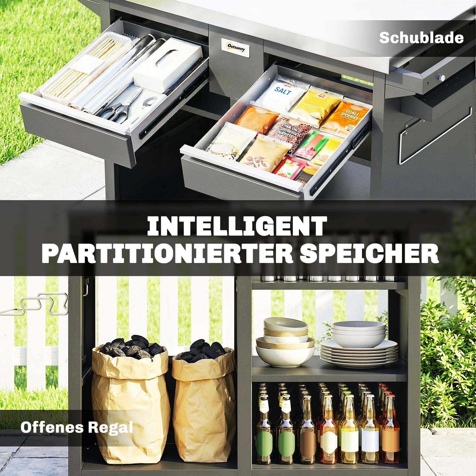 Outsunny Carrito de barbacoa de 5 niveles, mesa de barbacoa con superficie de trabajo de acero inoxidable, ajustable, estantes, cajón, ruedas, soporte para especias, soporte para bolsas de basura