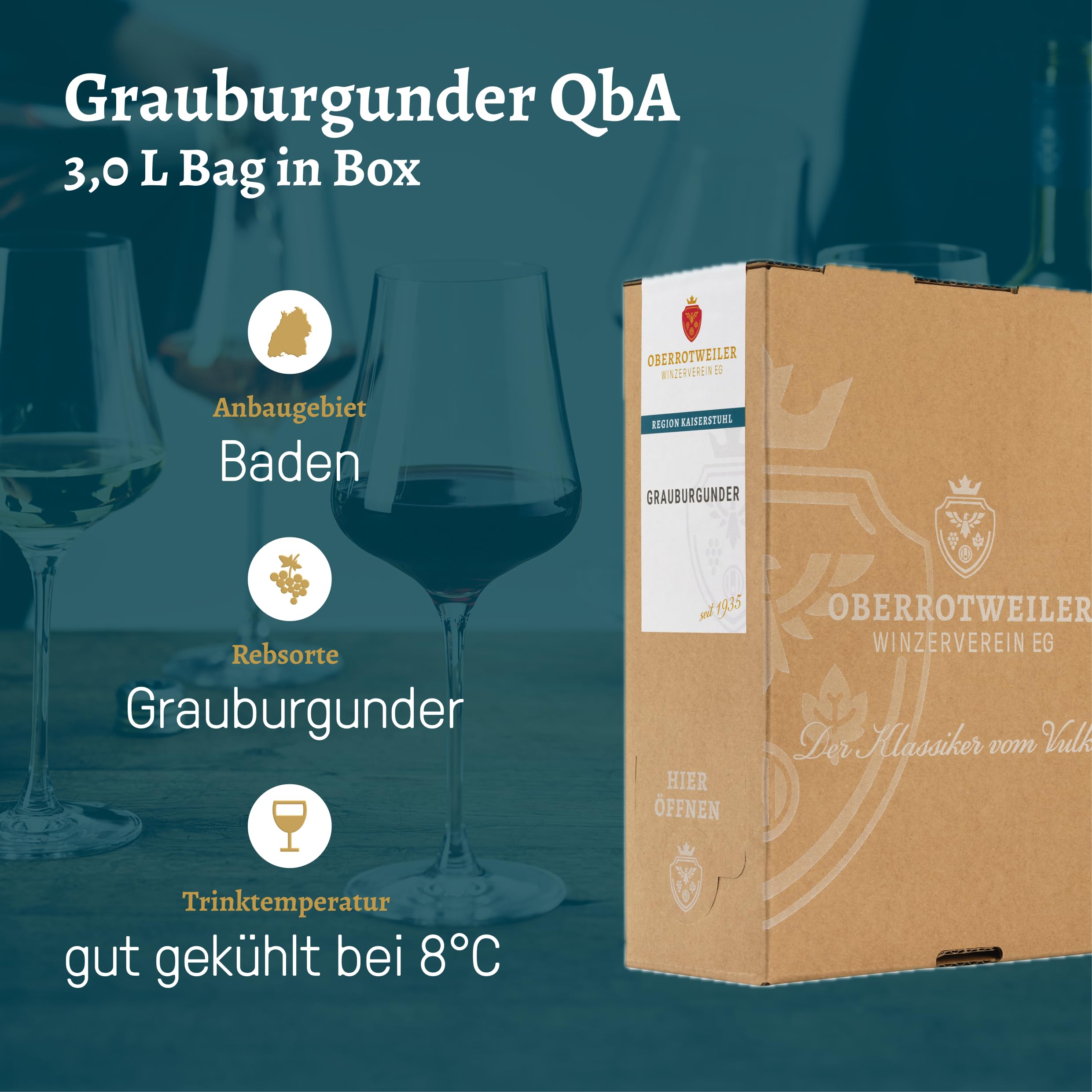 Oberrotweiler Grauburgunder Wein-Box 3 Liter QbA - SILBER 2026 AWC Vienna - zarte Fruchtaromen nach Pfirsich, Apfel und Zitrusfrüchten - Badischer Wein (2 x 3,0 l Bag-in-Box)