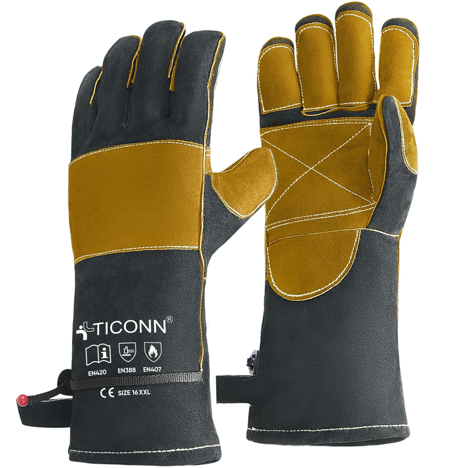 TICONN Welding Gloves, 16 IN L/XL/XXL 1000°F Heat-Resistant Fireproof Leather Gloves for Welders, Stick, Forge, Mig, Tig, BBQ