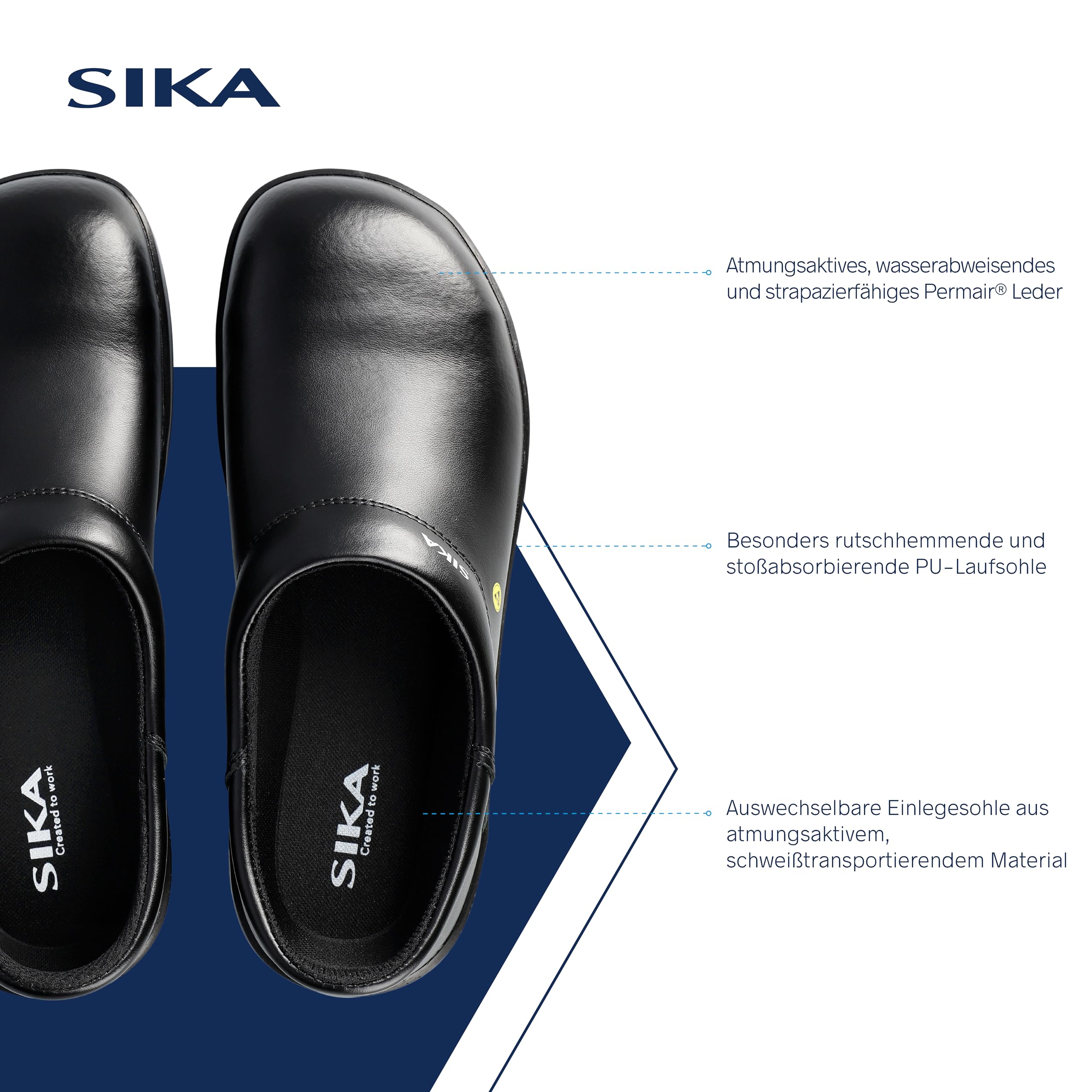 SIKA Unisex-Sicherheitsclog, rutschfeste PU-Sohle, Permair-Leder, stoßdämpfende Laufsohle, ESD-geprüft, waschbare Innensohle, professionelle Arbeitsschuhe für die Lebensmittel- und Medizinbranche