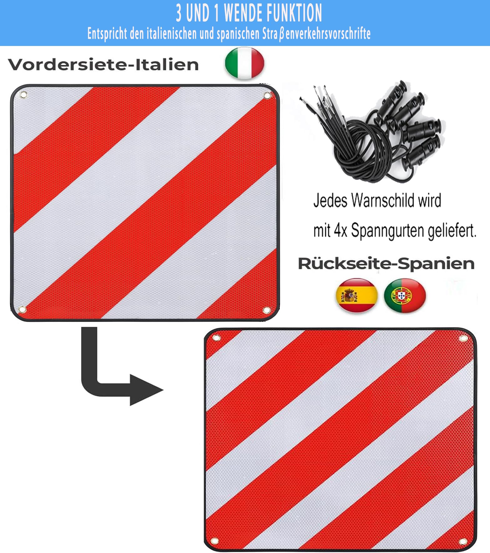 Warntafel für Italien Spanien und Portugal Fahrradträger,3 In 1 Alu Reflektierend Warnschild(50 x 50 cm) mit 4X Spannseile,Zertifizierte für Fahrradträger Heckträger & Auto Wohnmobil