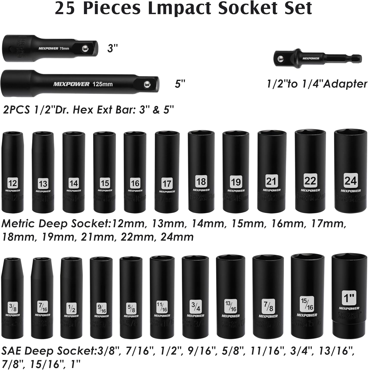 MIXPOWER 25 Pieces 1/2-Inch Drive Deep Impact Socket Set, CR-V, Metric/SAE, Includes 12mm to 24mm, 3/8-Inch to 1-Inch, 3", 5" Extension bars, 1/2"-1/4" Adapter