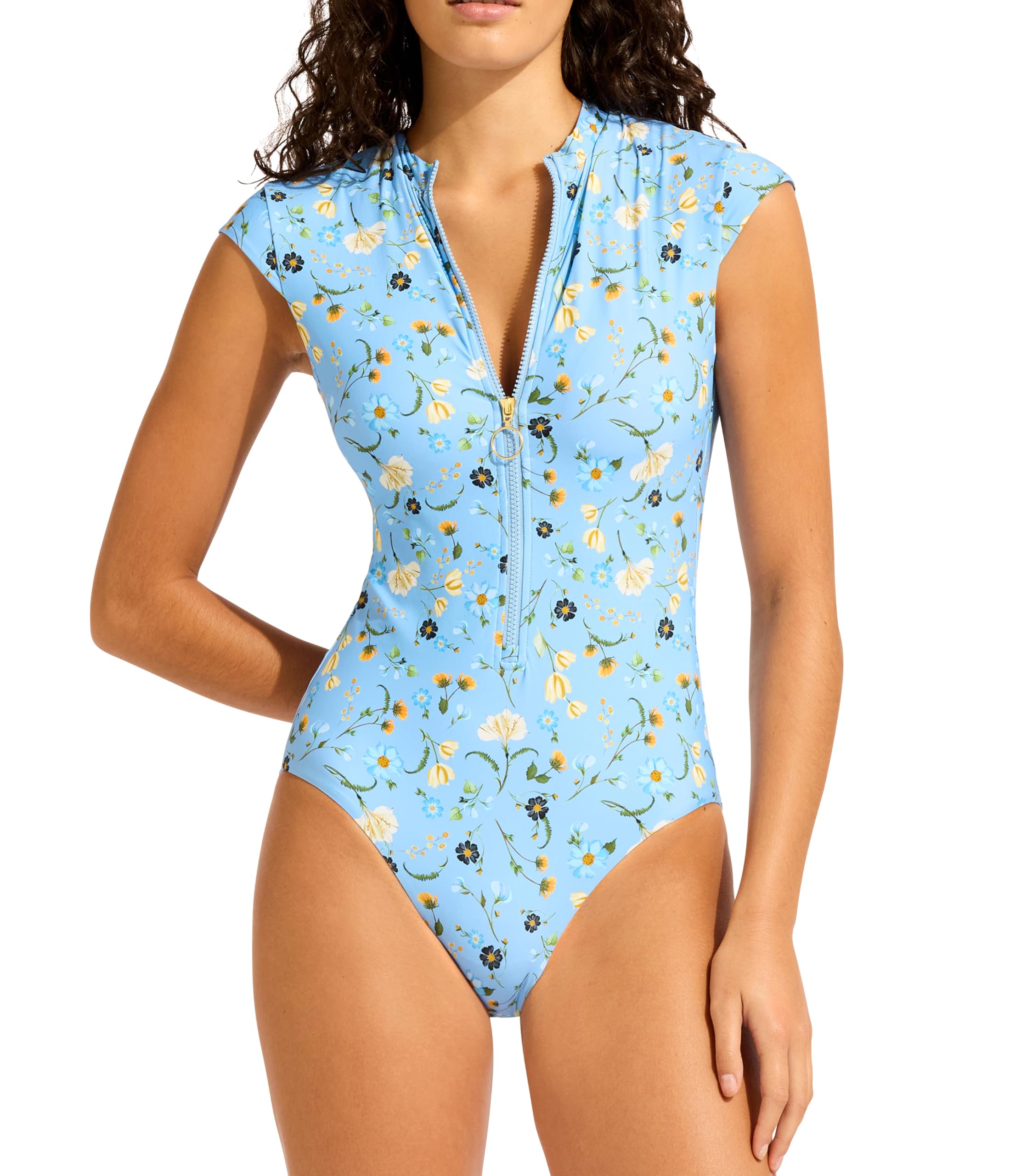 Seafolly Women's Zip Front One Piece Swimsuit, Modern Romance Powder Blue, 14
