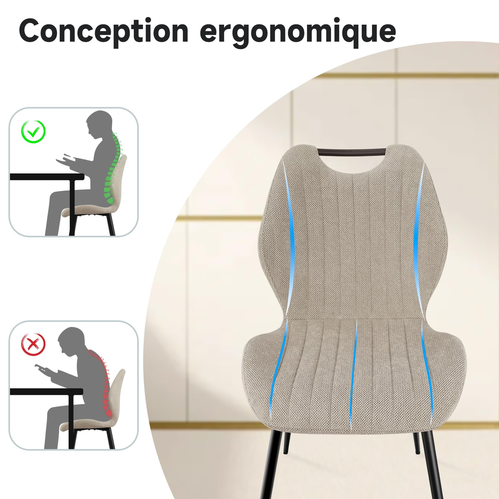 WAFTING Lot de 6 Chaises de Salle à Manger, Rembourrées, avec Dossier Haut, en Tissu et Pieds en Métal Laqué Noir, pour Salle à Manger, Chambre à Coucher et Réception, Kaki