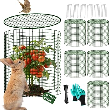 6 Pack Plant Protectors from Animals with Cover, 12" x 12" Round Metal Wire Garden Plant Cages to Keep Animals Out, Rabbit Proof Protection for Vegetables & Flowers with Stakes, Zip Ties & Gloves