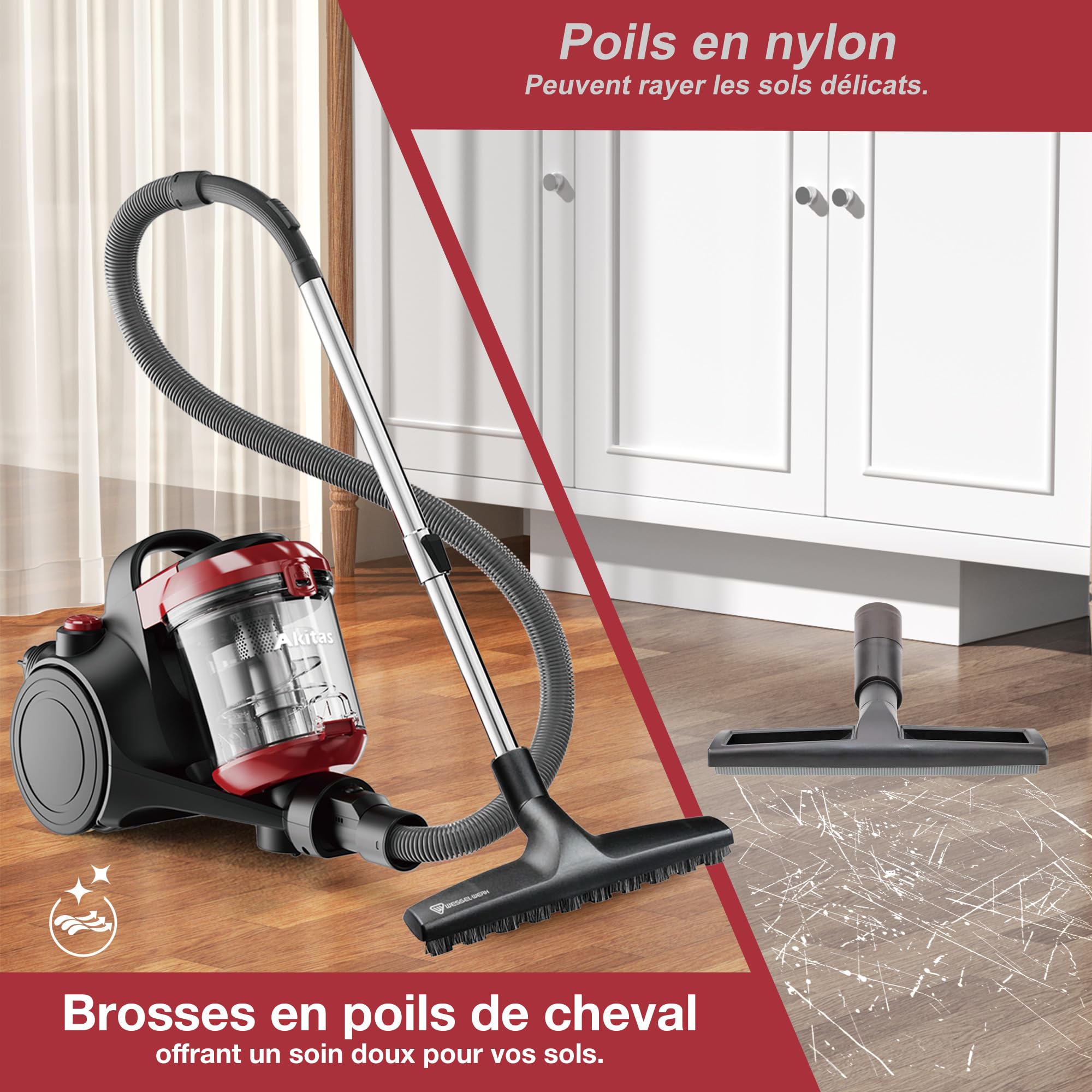 Akitas C10P Aspirateur sans Sac 900 W – Brosse sols durs Wessel Werk D320 Allemande en Poils naturels 32 cm, idéal pour parquet, stratifié et carrelage