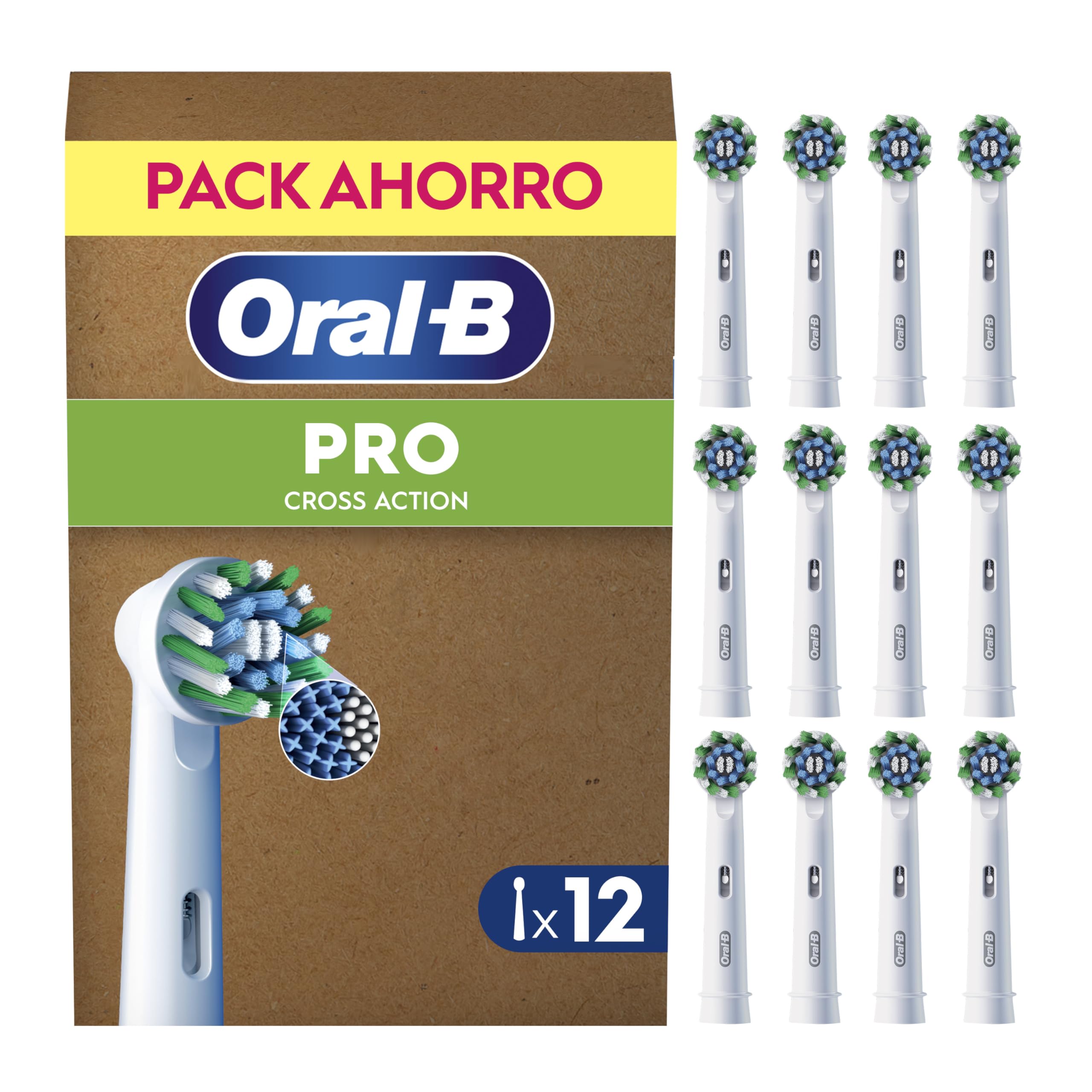 Oral-B Pro CrossAction Cabezales de Recambio Originales, Blanco, Pack de 12 - Recambios para Cepillo de Dientes Eléctrico Oral B Pro, con Indicador de Uso, Eliminación de La Placa Bacteriana