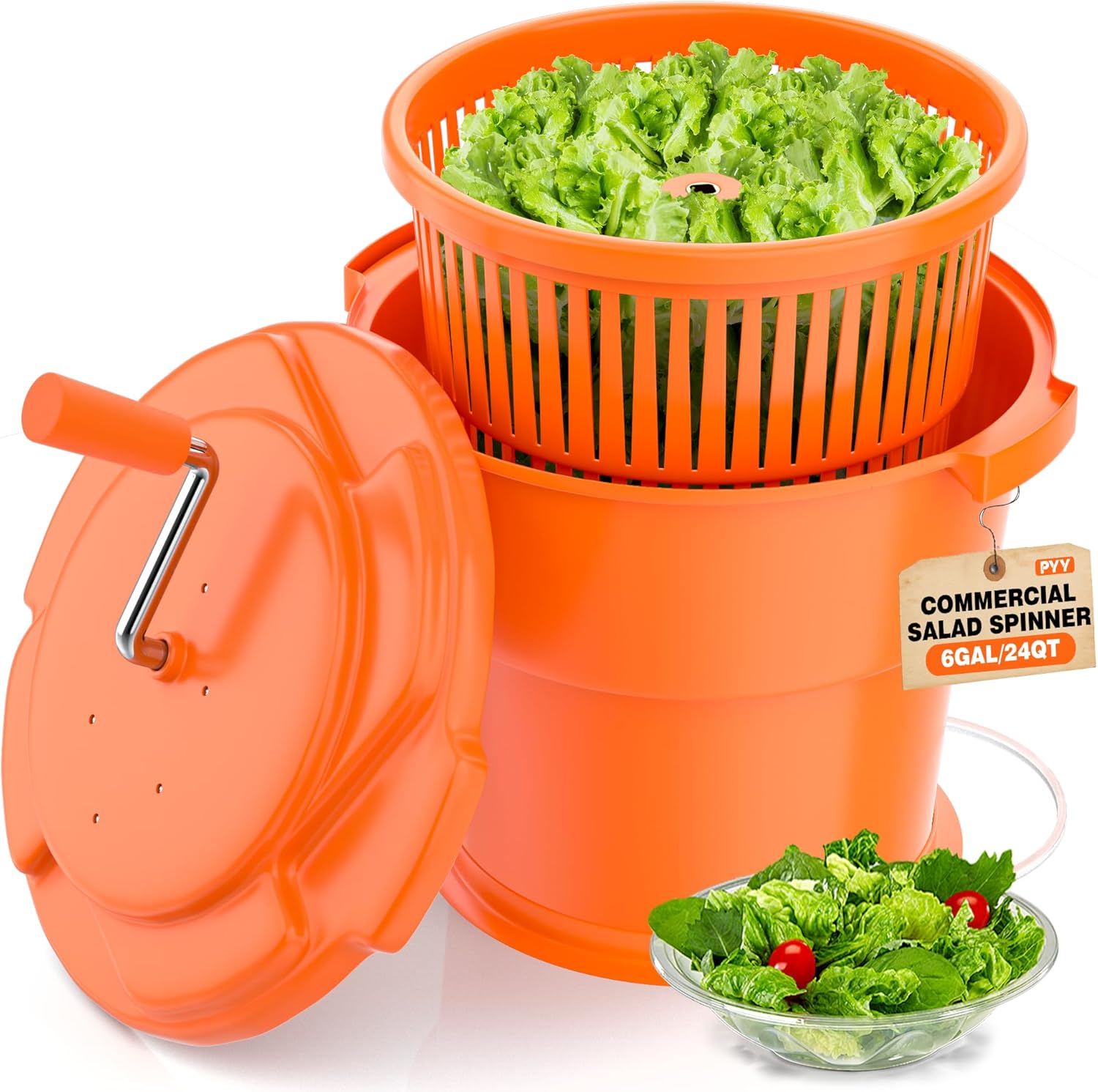 PYY Commercial Salad Spinner - 6 Gallon Salad Dryer Large Salad Spinner w/Silicone Anti-slip Mat & Draining Hose, 24Qt Manual Salad Spinner for up to 7 Heads of Lettuce Spinner Large for Catering