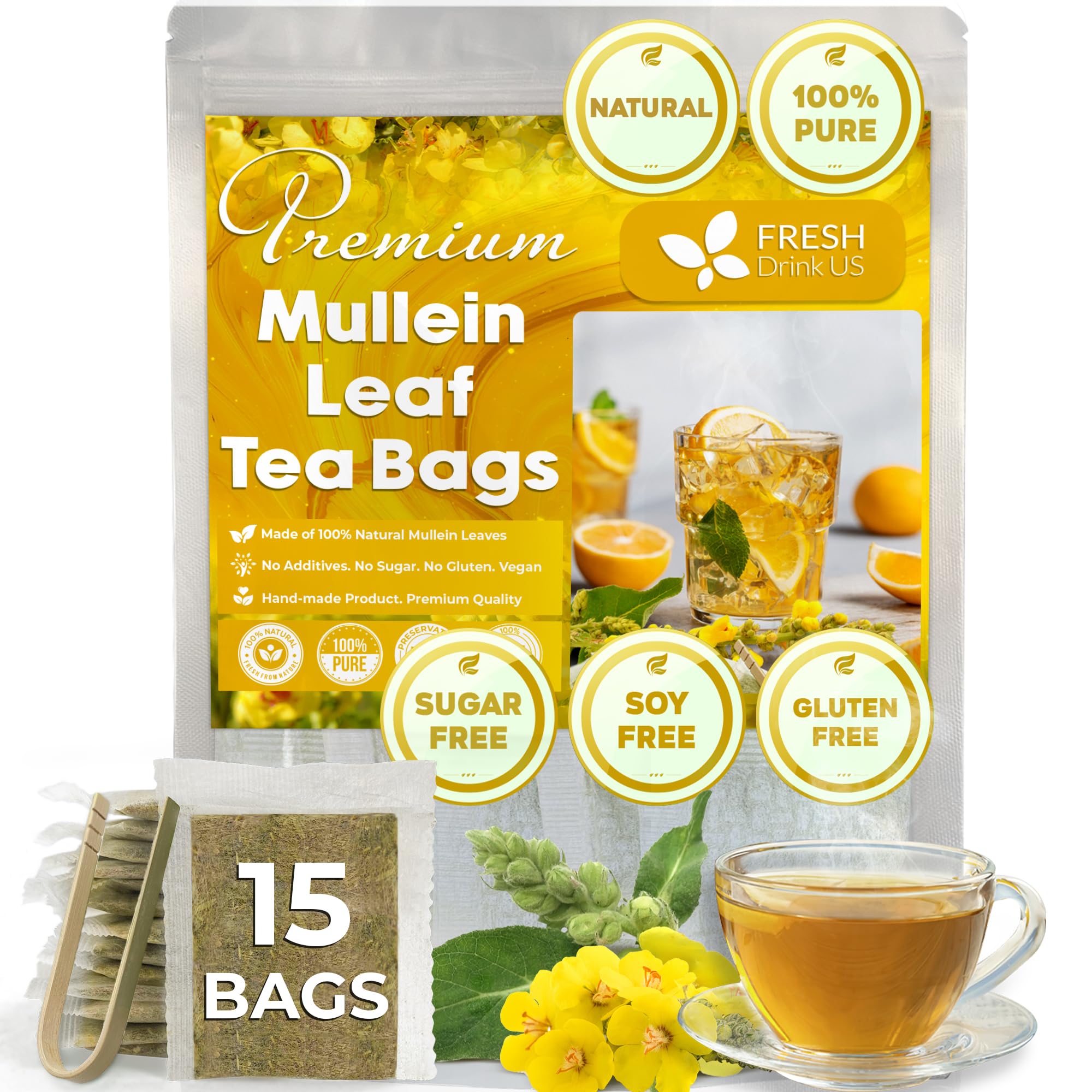 FRESHDRINKUSPremium 15 Mullein Leaf Tea Bags For Lung, 100% Natural & Pure from Mullein Leaves. Loose Leaf Mullein Herbal Tea. Made with Natural Material Tea Bags. No Sugar, No Caffeine, No Gluten, Vegan.