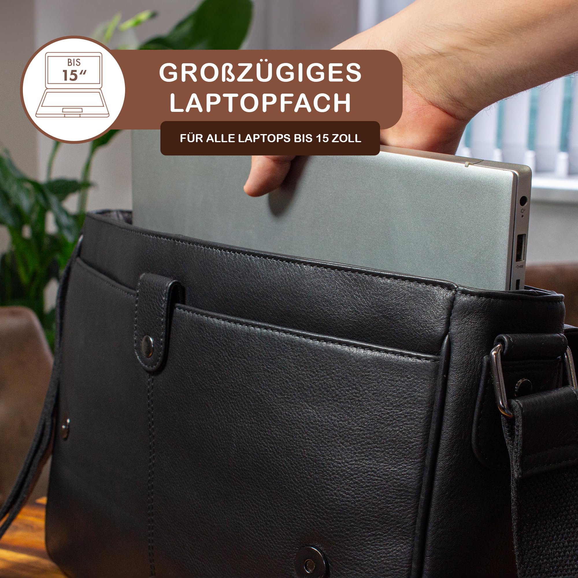 STILORD Umhängetasche aus Echtleder schwarz - 15 Zoll Laptoptasche - Vintage Messenger-Bag - Leder-Kuriertasche Oskar