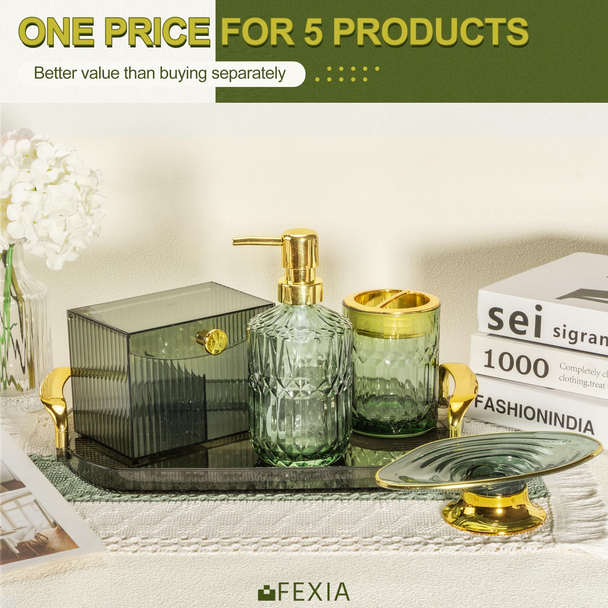 Juego de accesorios de baño verdes, 5 piezas, decoración de baño verde con bandeja de tocador decorativa para decoración de baño bohemia, dispensador de jabón, soporte para cepillos de dientes 5