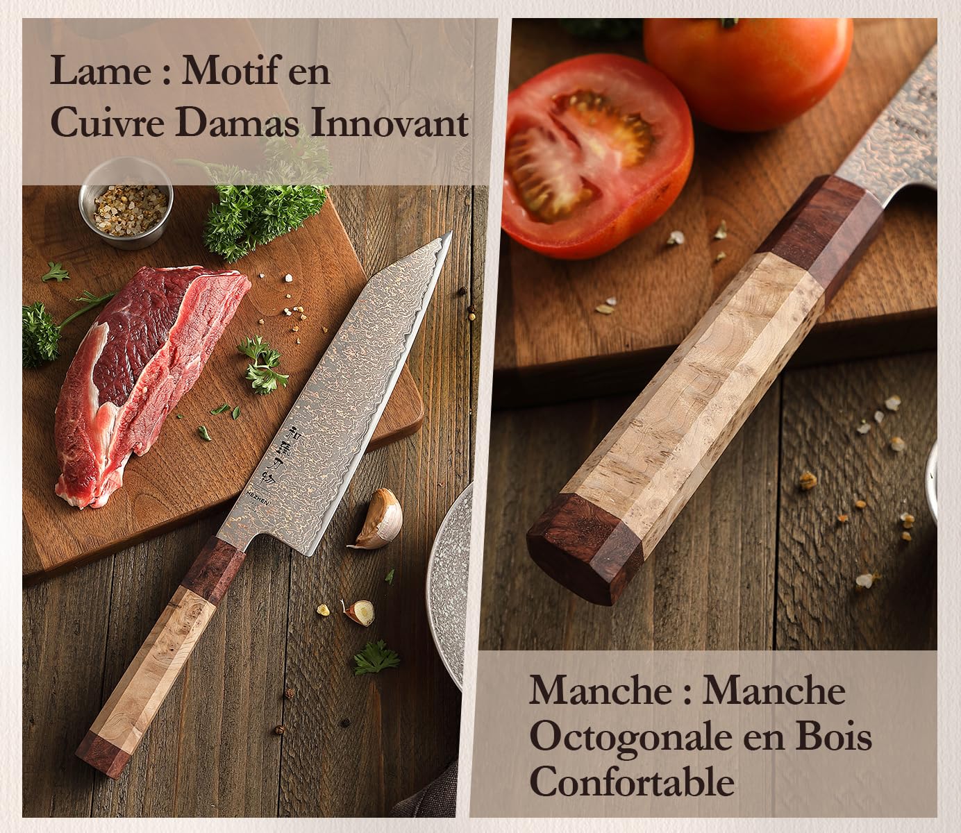 HEZHEN Kiritsuke Couteau de cuisine en acier damassé 33 couches de cuivre, motif damas, couteau de chef japonais Bunka